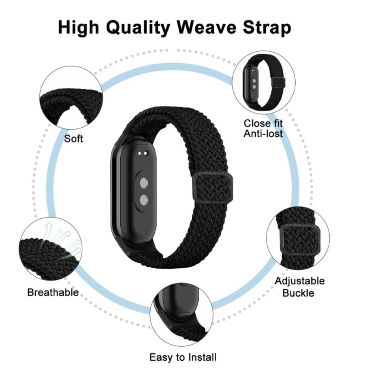 Schwarzes gewebtes Armband für Smartwatch, einfache Installation und verstellbare Schnalle.