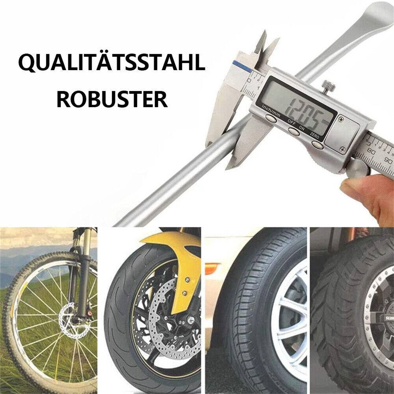 Eine digitale Messschieber misst eine Metallstange. Räder und Reifen werden darunter angezeigt.