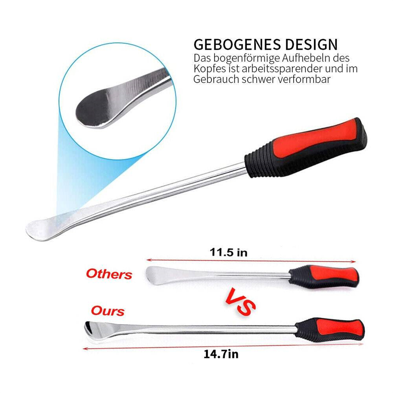 Ein silbernes Werkzeug mit rotem Griff. Das Design wird mit einem anderen Werkzeug verglichen.