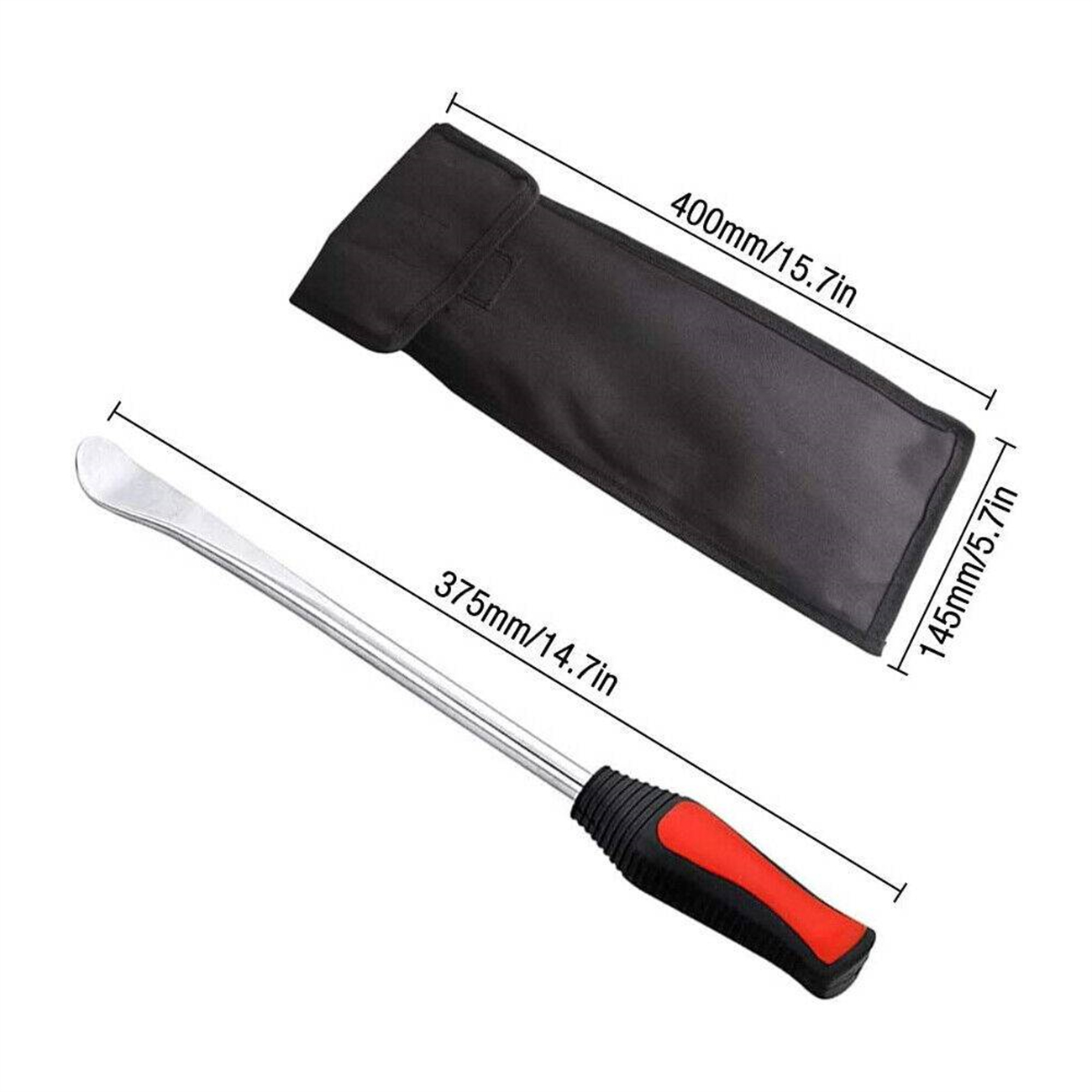 Reifenheber und schwarze Tasche mit Maßangaben in Millimetern und Zoll.