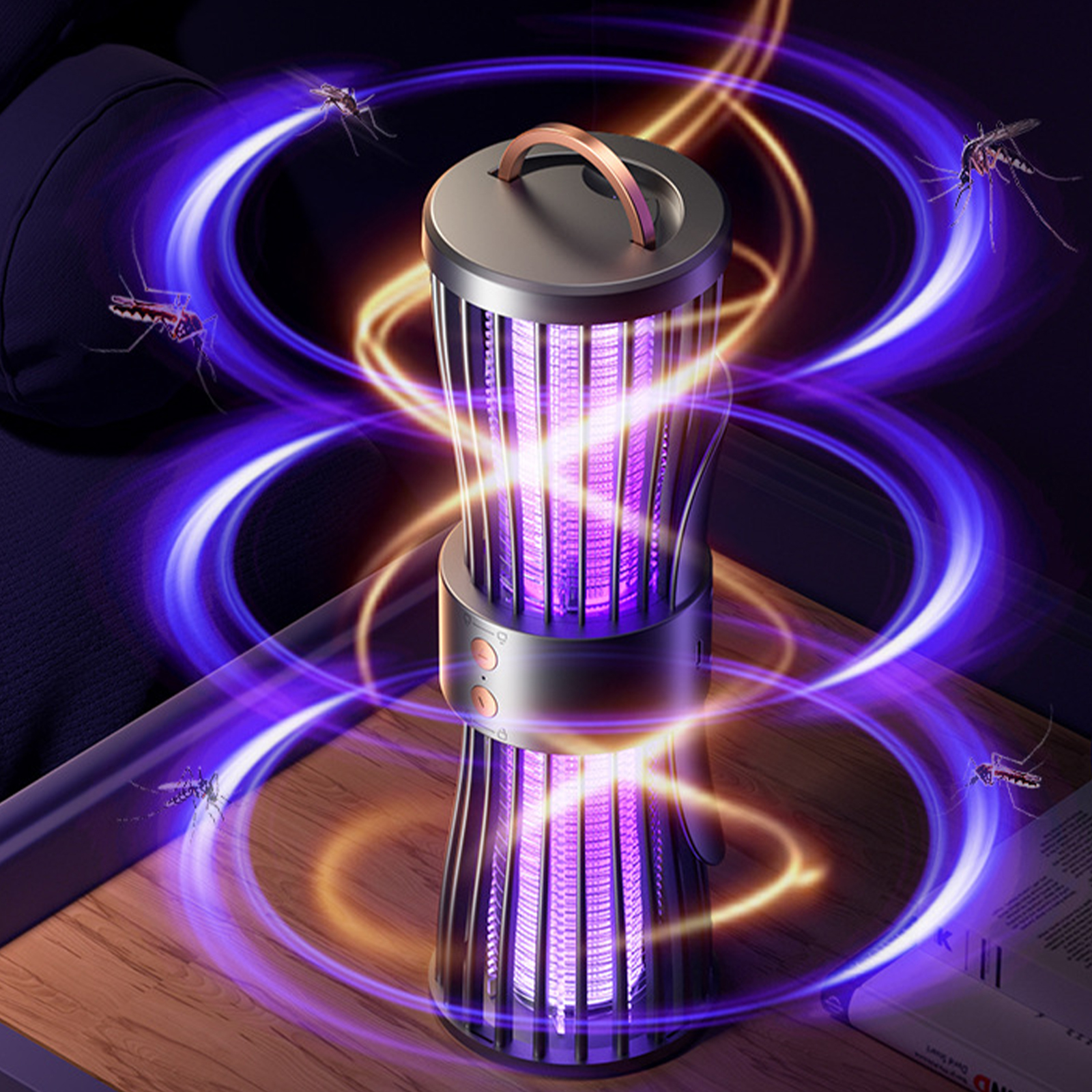 Eine zylindrische Mückenvernichterlampe mit lila Licht, umgeben von Mücken.