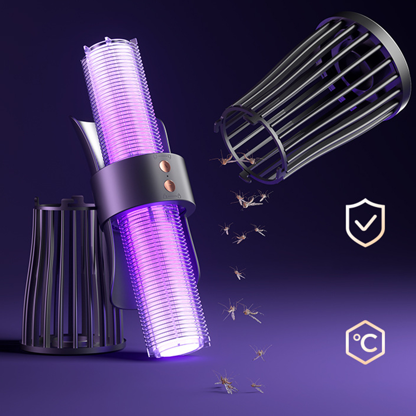 Ein violettes UV-Licht vernichtet Insekten. Das Gerät ist schwarz und hat einen Käfig darum.