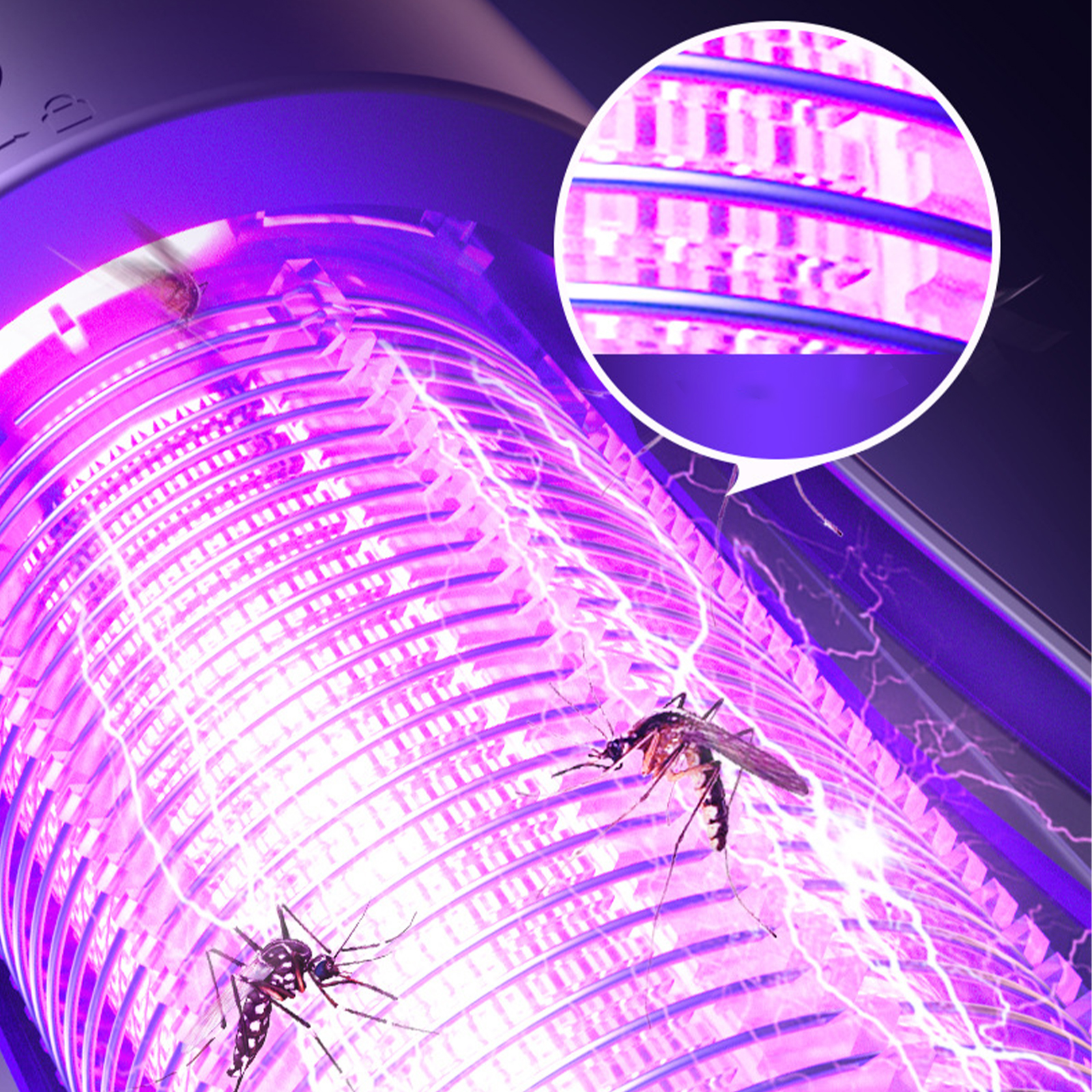 Nahaufnahme eines Insektenvernichters. Zwei Mücken befinden sich vor dem Licht.