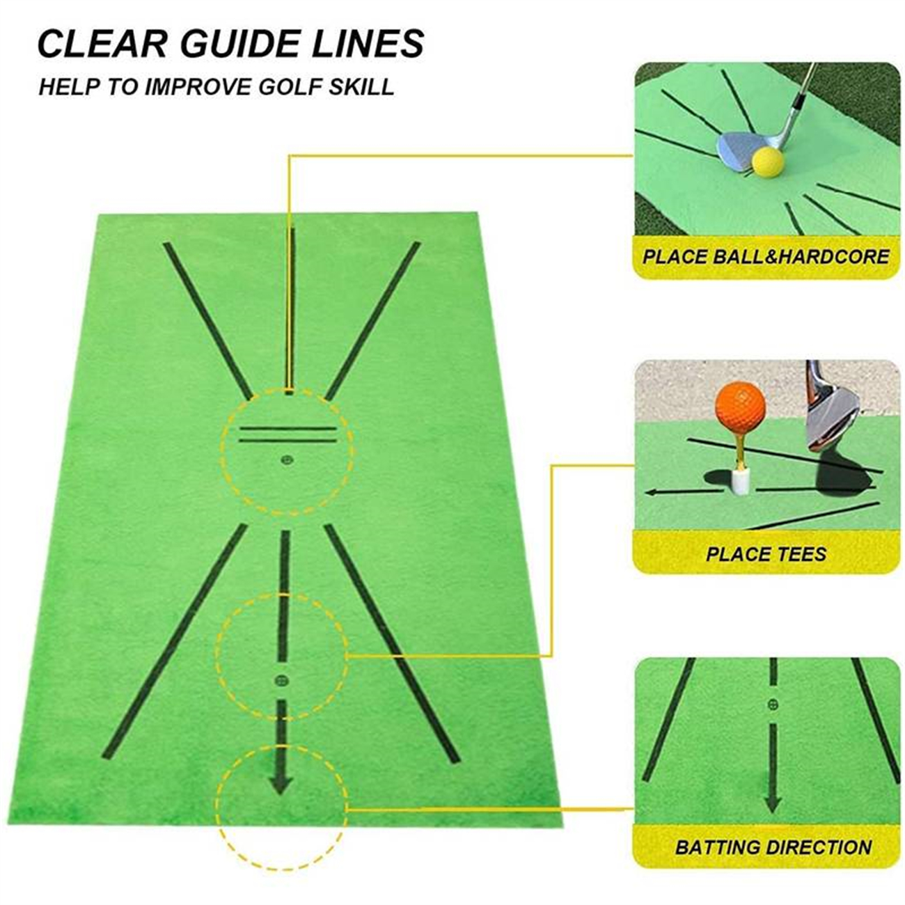 Grüne Golfmatte mit Führungslinien. Enthält Diagramme zur Ballplatzierung, Tee-Platzierung und Schlagrichtung.