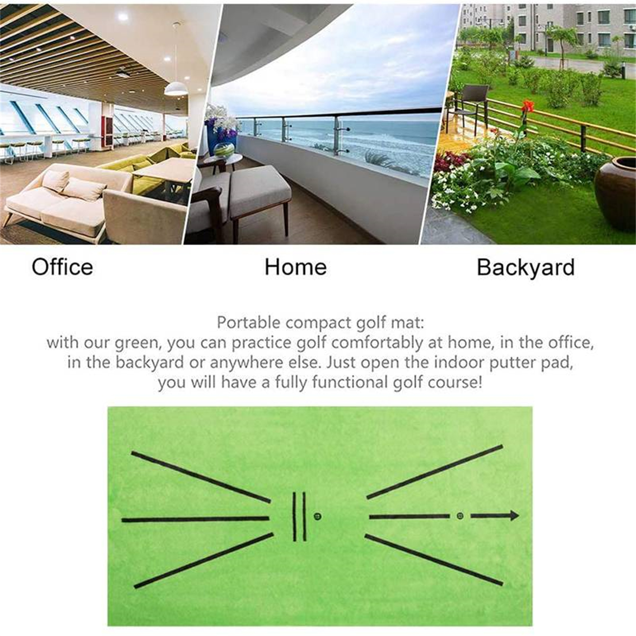 Eine Golfmatte mit Golfplatzdesign. Drei Szenen: Büro, Zuhause und Garten.