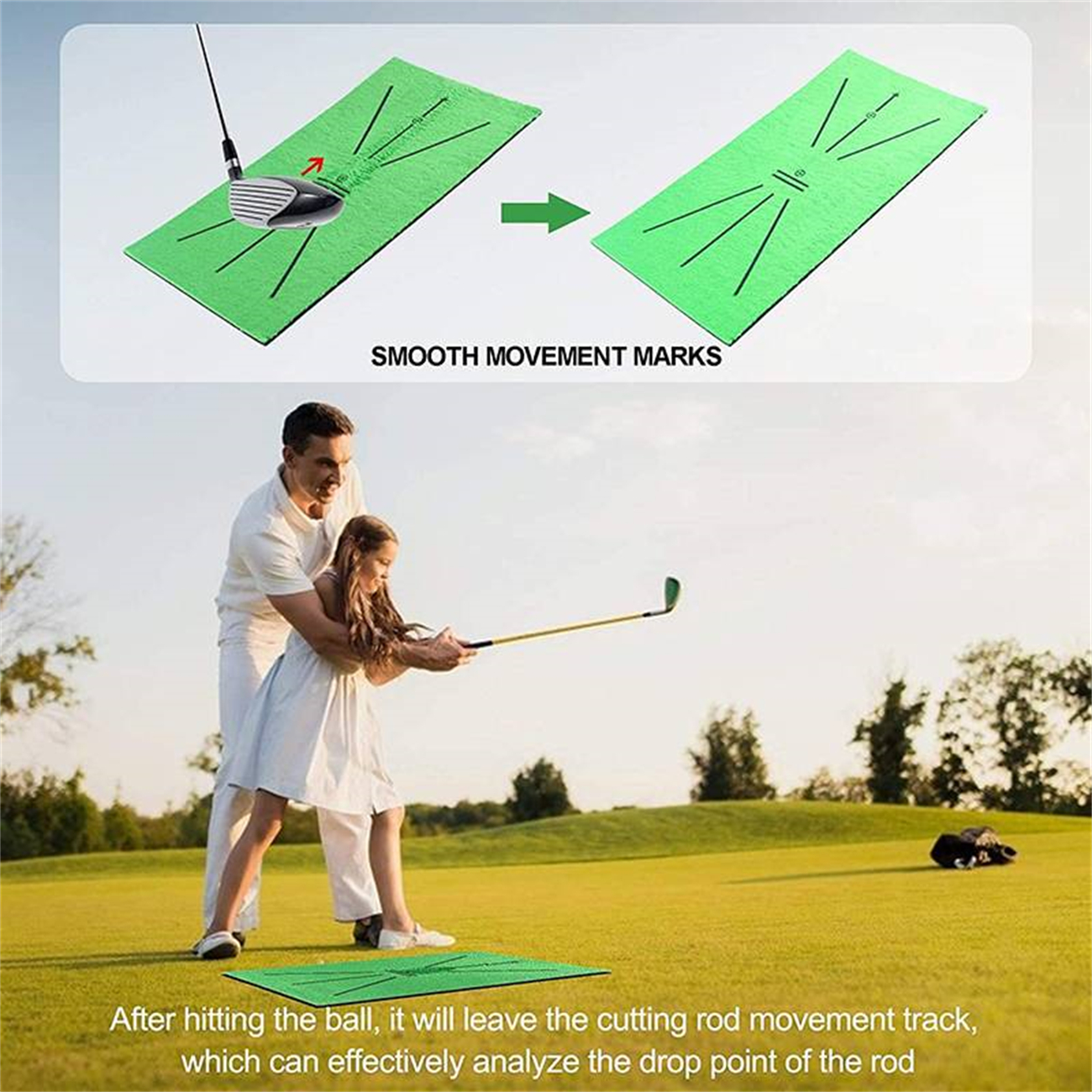 Ein Mann zeigt einem Mädchen das Golfspielen; sie stehen auf einer grünen Matte. Golfschläger und Ball vorhanden. Grüner Feldhintergrund.