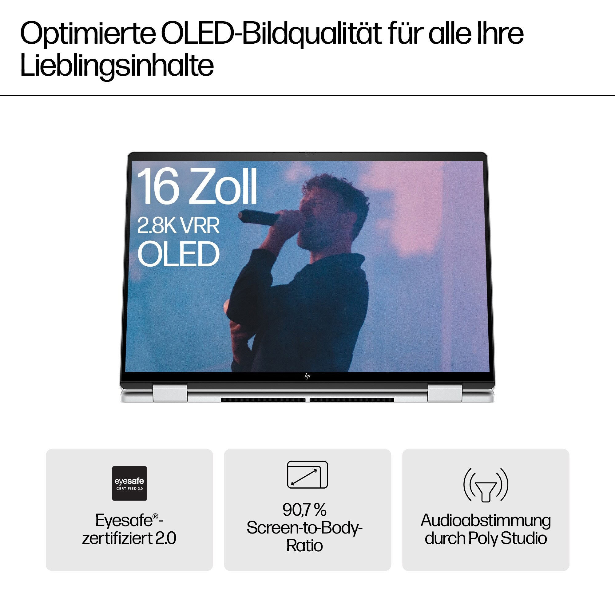 Laptop wyświetla piosenkarza na scenie. Poniżej ikony Eyesafe, proporcji ekranu i dźwięku.