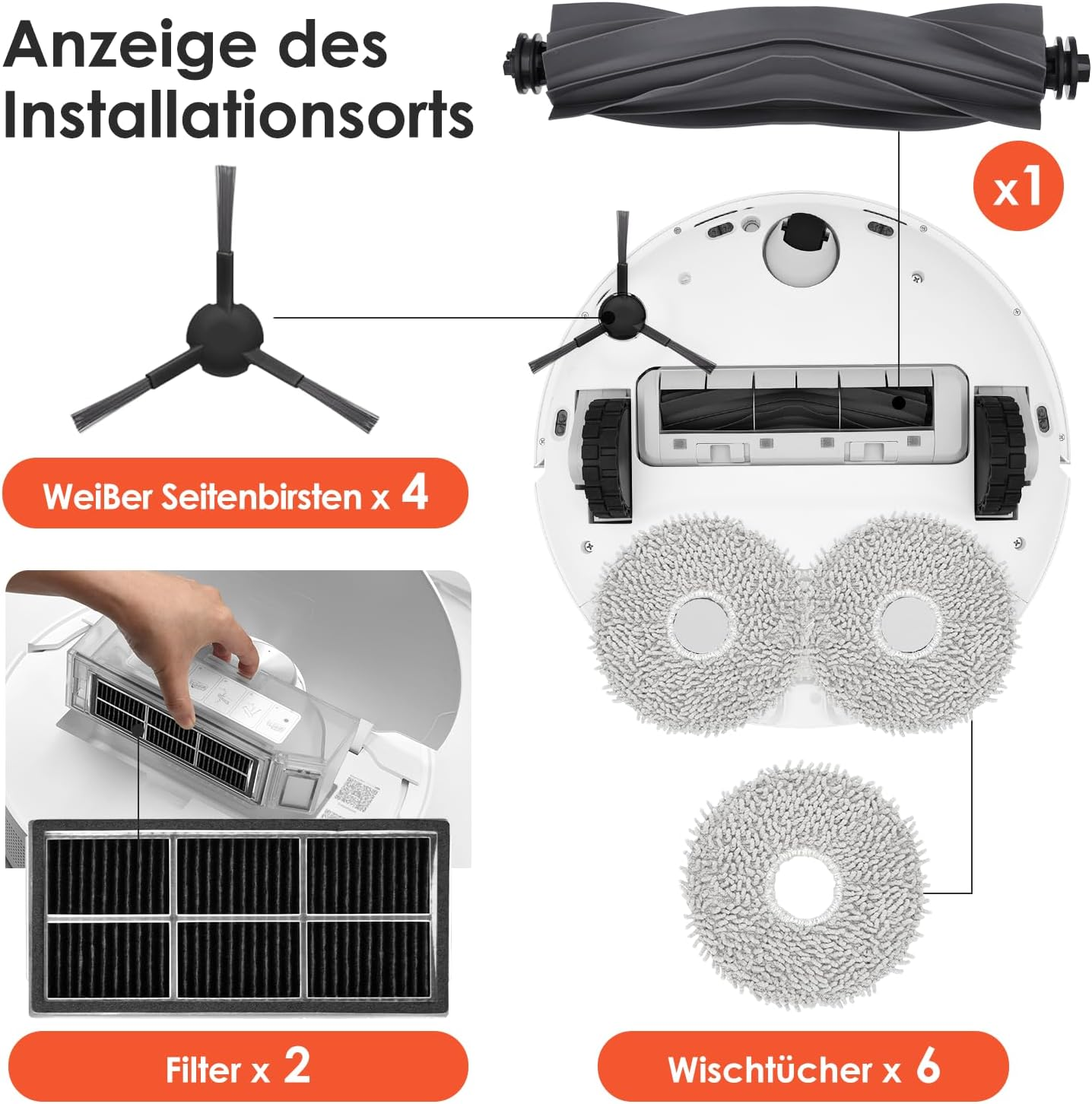 Vista esplosa di un robot aspirapolvere con parti etichettate. Include spazzole, filtri e panni.