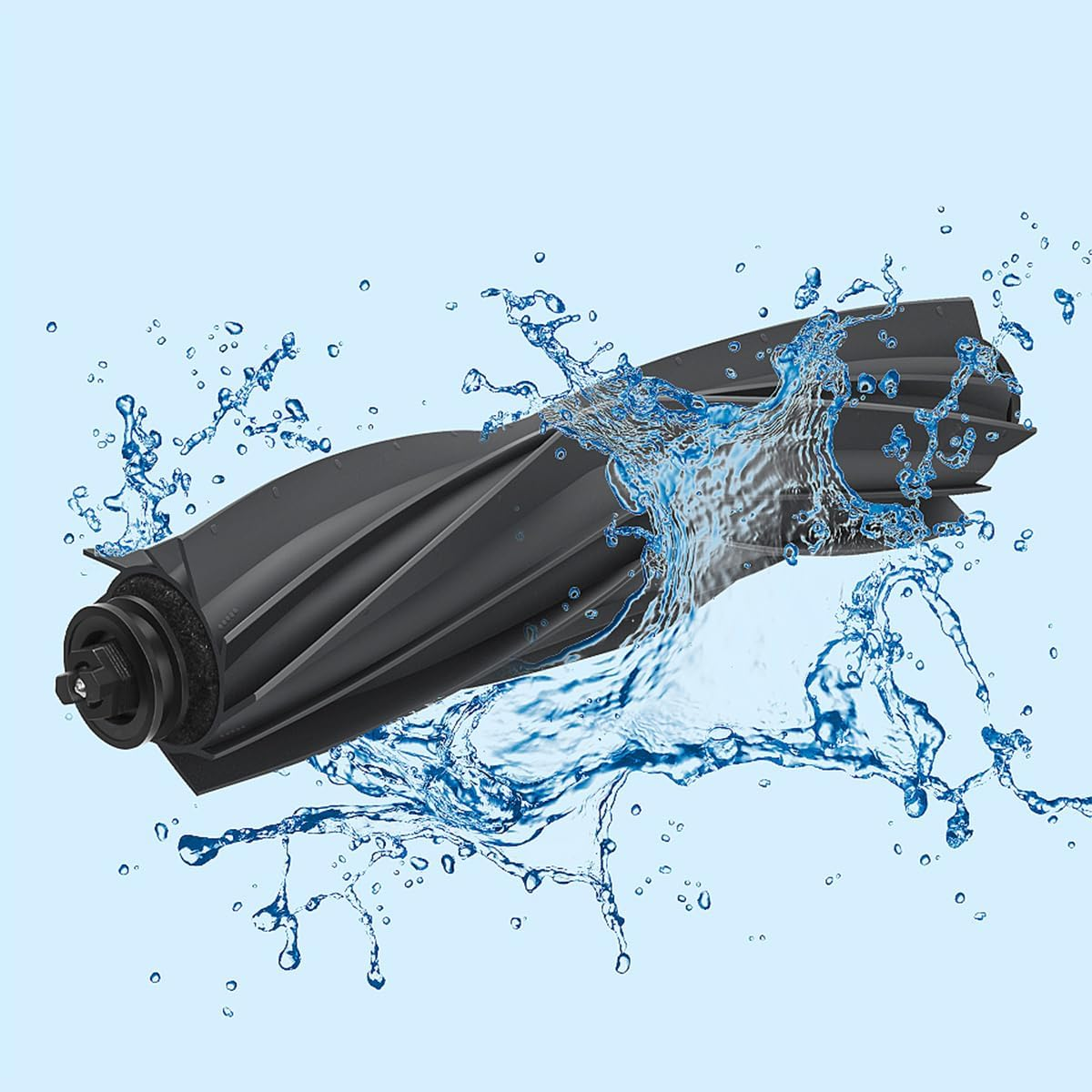 Un rullo per aspirapolvere grigio scuro sott'acqua, circondato da spruzzi d'acqua.