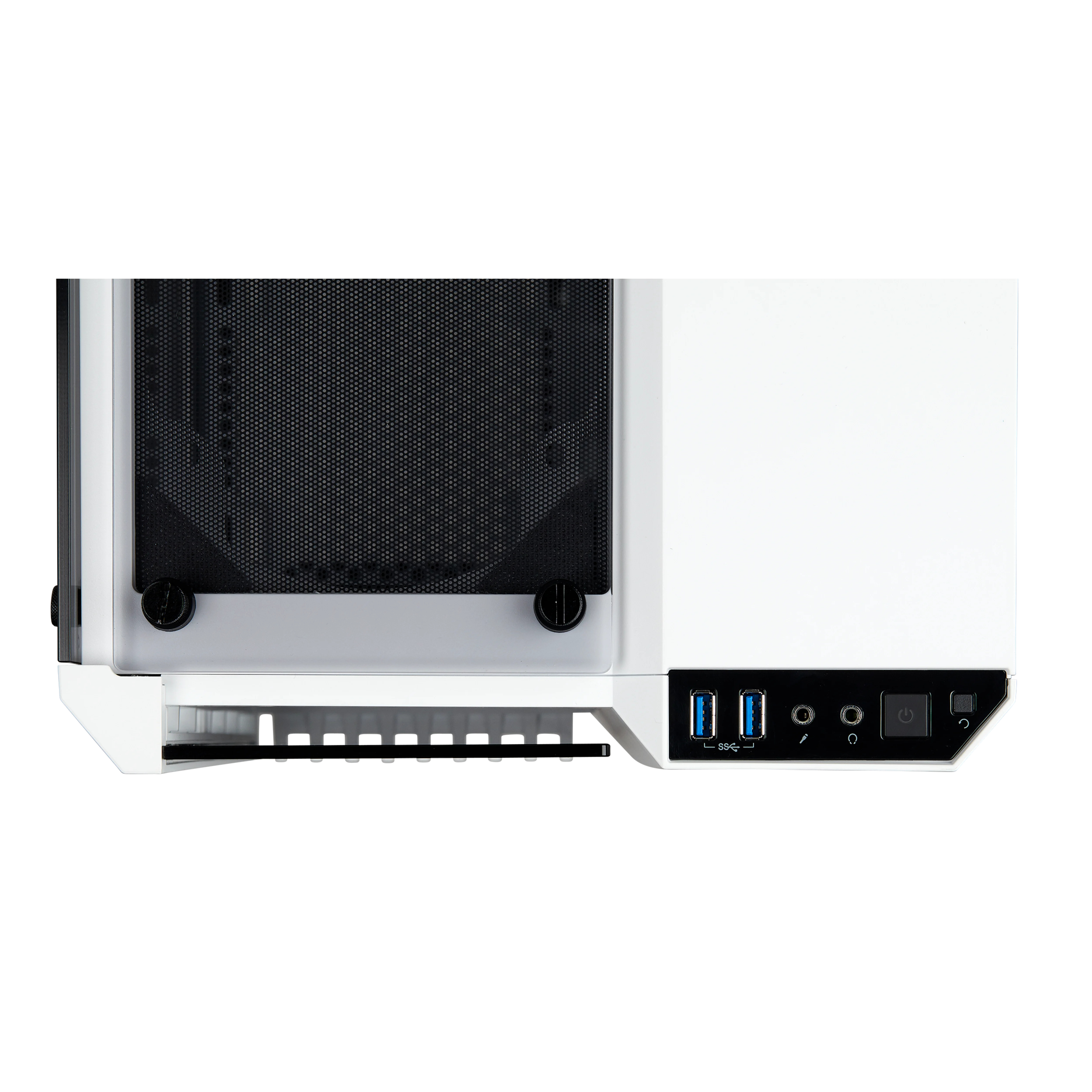 Biała obudowa komputera. Przednia sekcja siatki, porty i przyciski na górze.