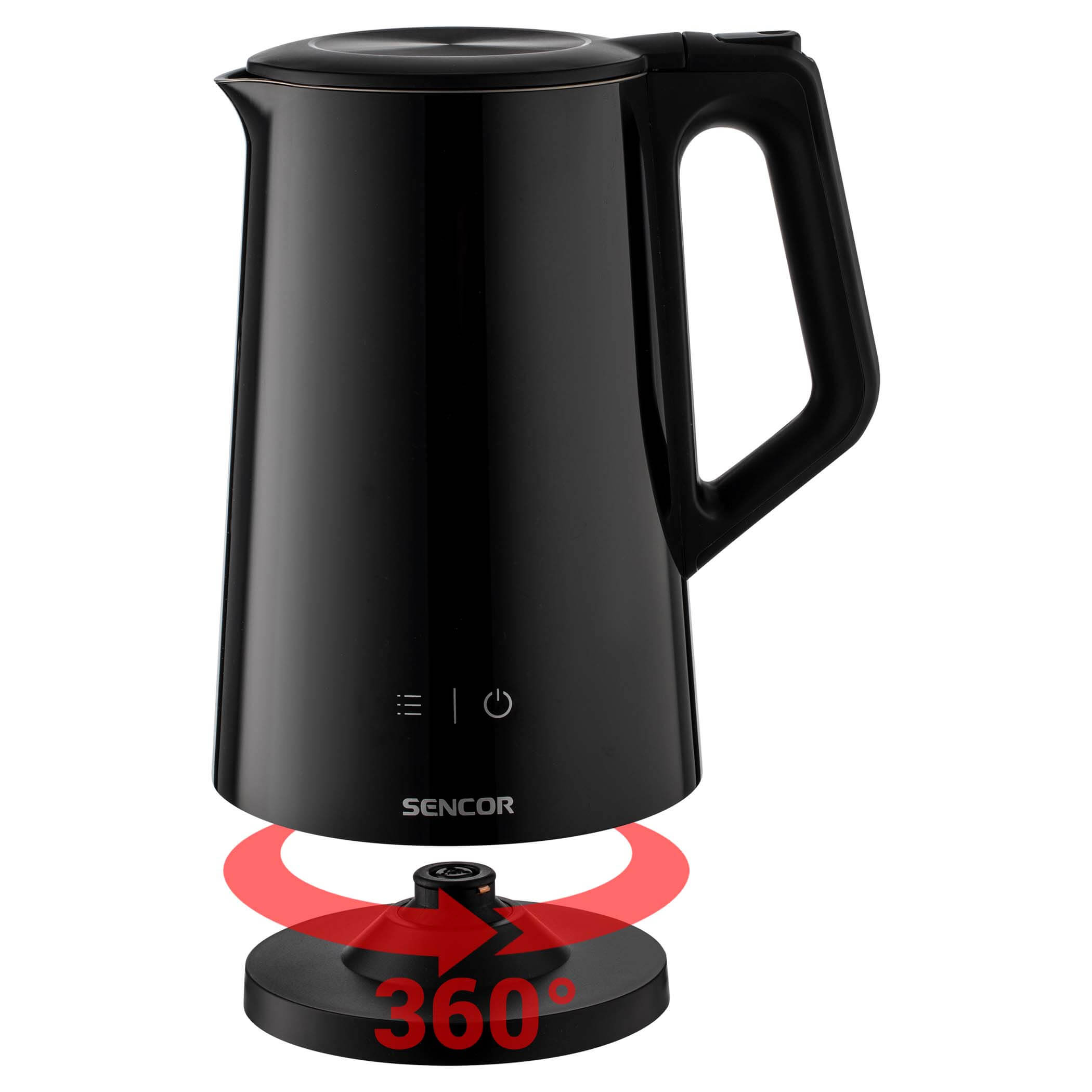 Bollitore elettrico nero su base girevole a 360 gradi, con pulsanti di controllo.