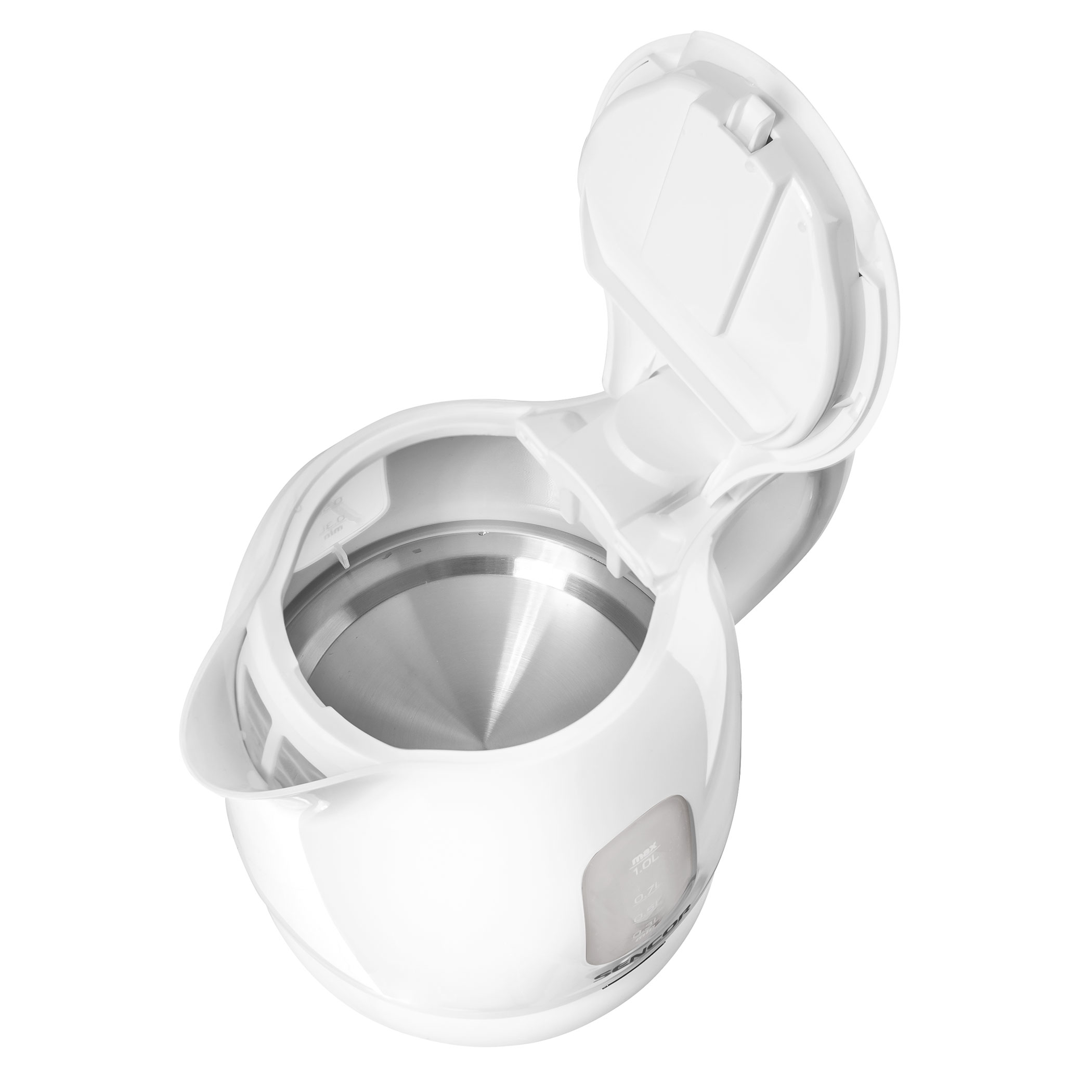 Biały czajnik elektryczny, otwarty, pokazujący wnętrze ze skalą pojemności.