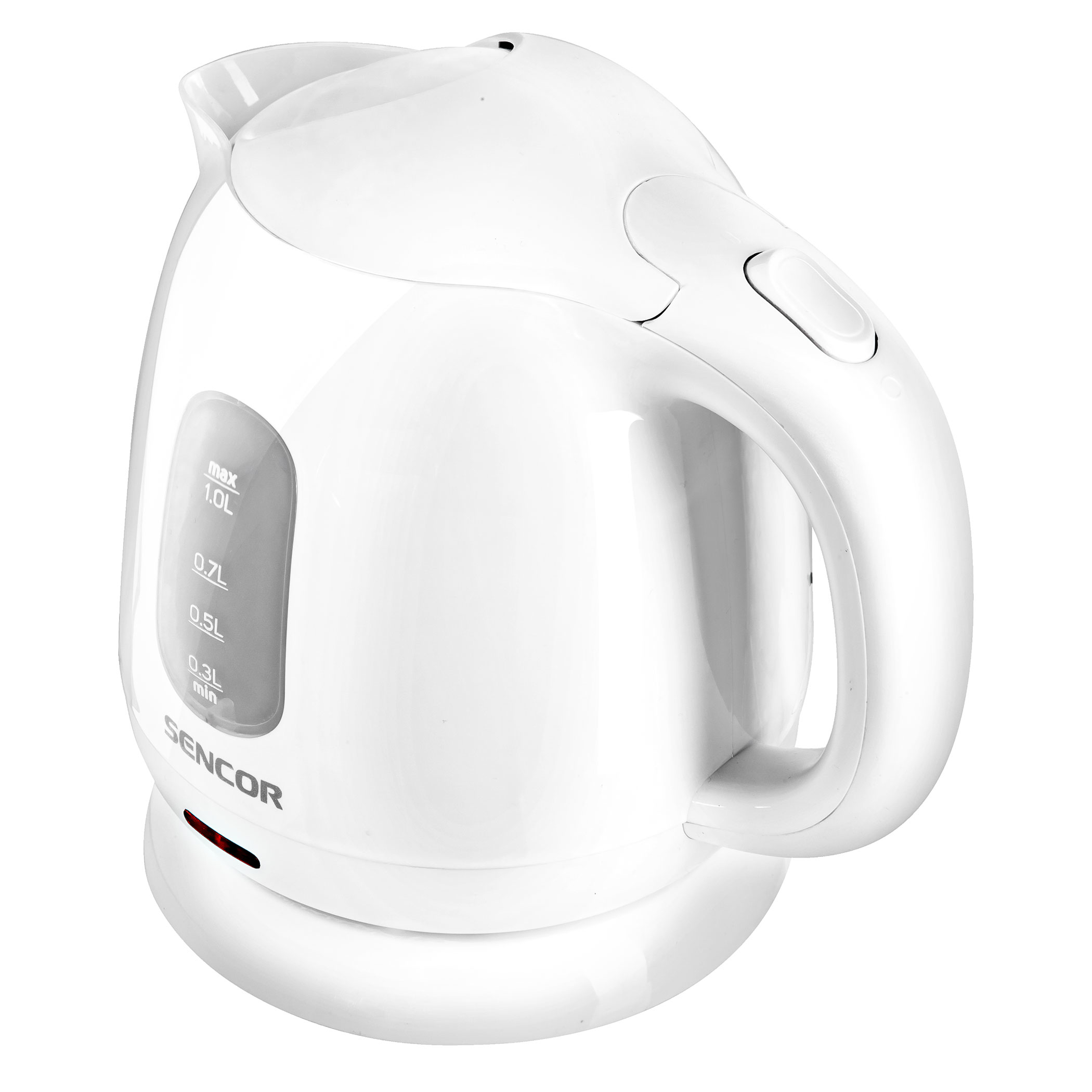 Biały czajnik elektryczny. Posiada uchwyt, wylewkę i wskaźnik poziomu wody.