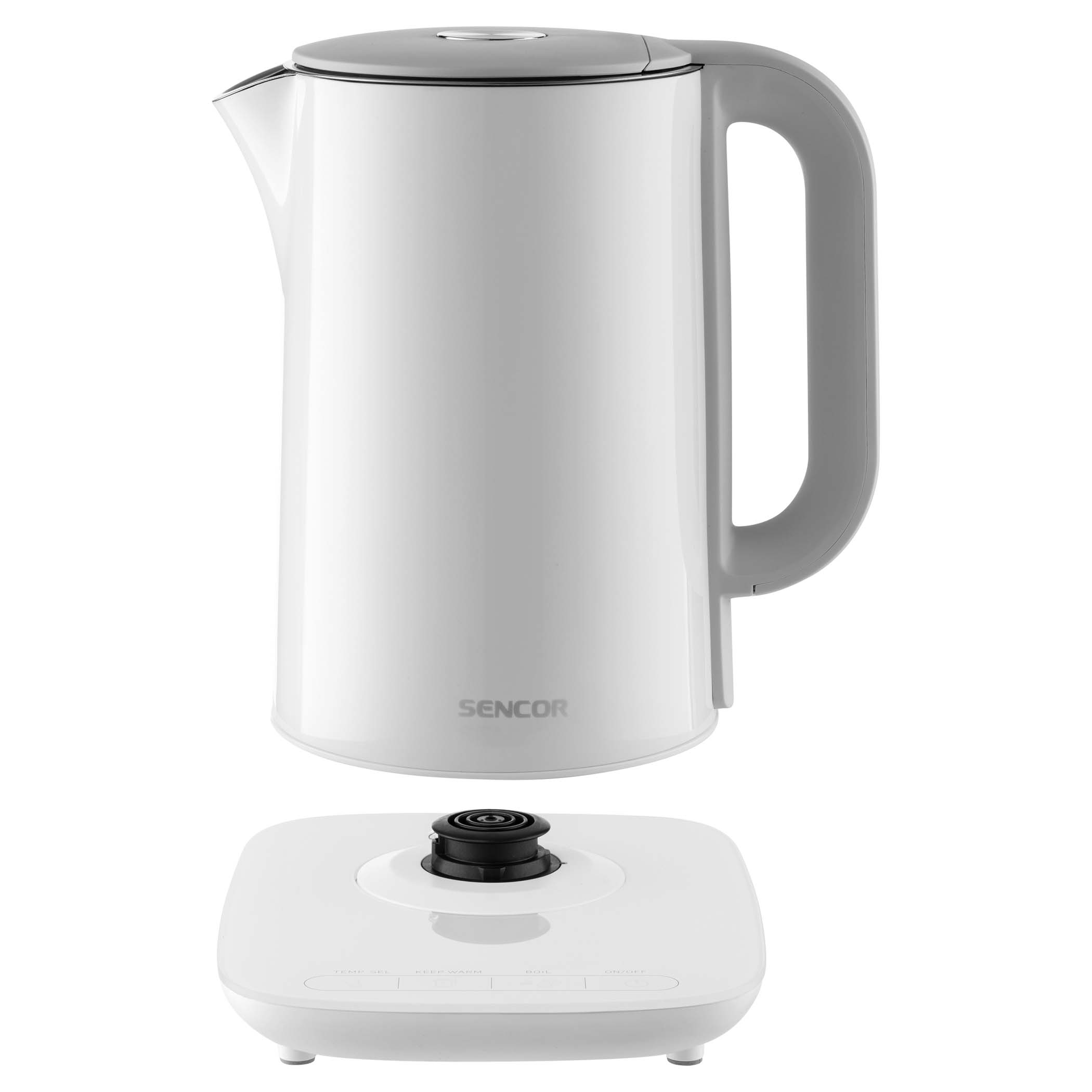 Bollitore elettrico bianco su un supporto, con manico e coperchio grigi.