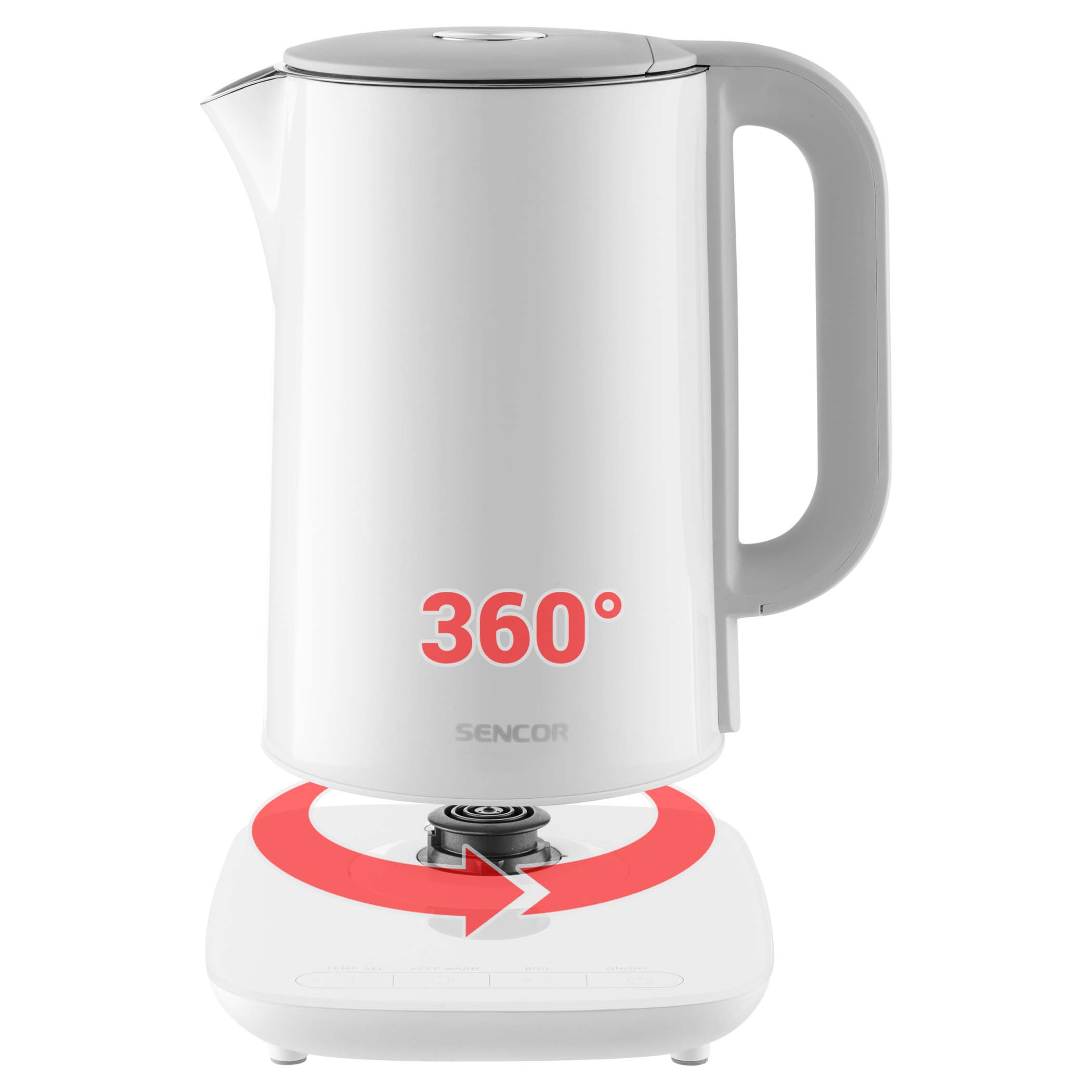 Bollitore elettrico bianco con base girevole a 360° e manico.