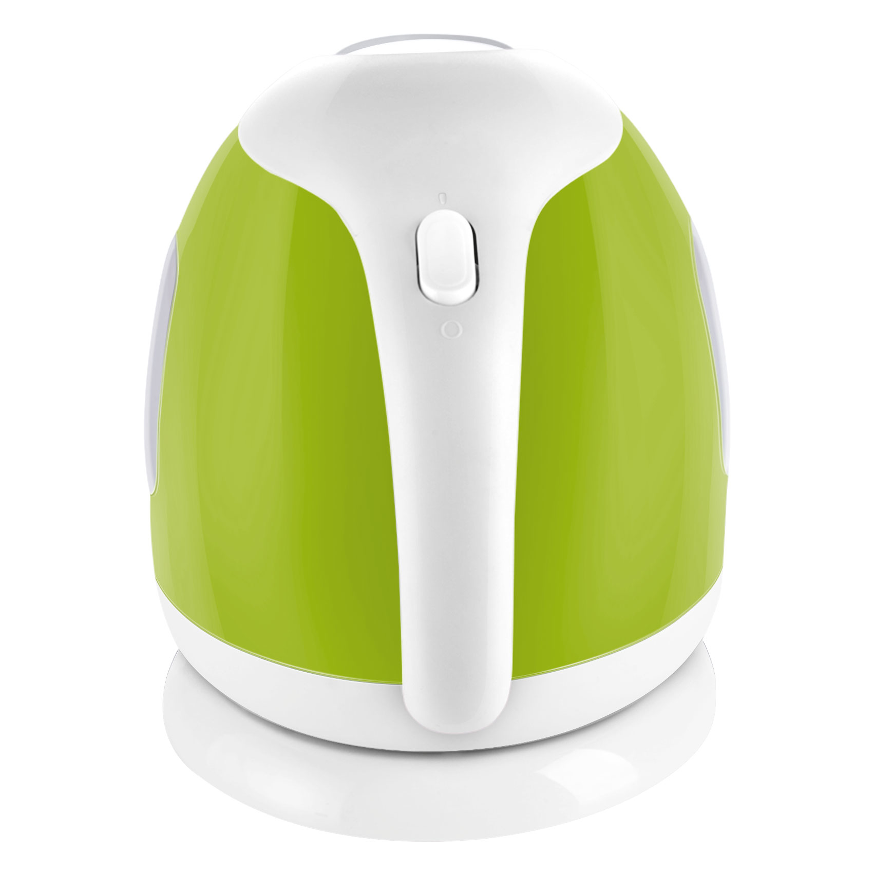 Zielony i biały czajnik elektryczny, widok z góry. Biała powierzchnia.