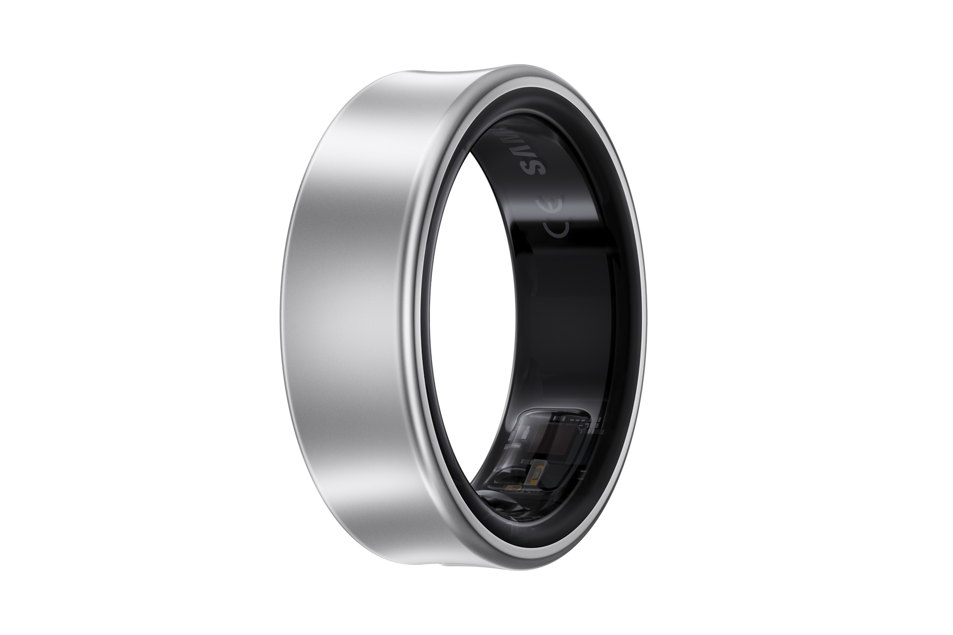 Ein silberner Smartring mit schwarzem Innenraum, der interne Komponenten zeigt. Der Ring befindet sich auf weißem Hintergrund, isoliert und modern.