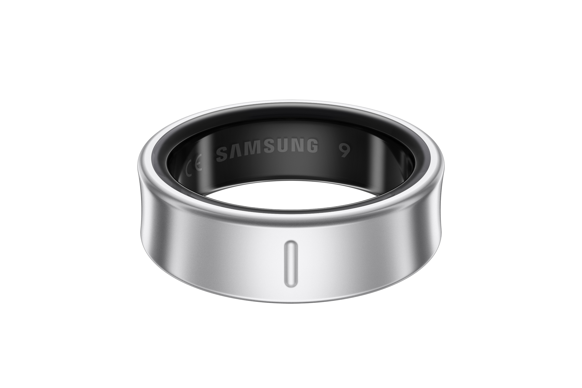 Ein silberner Samsung-Ring mit schwarzem Innenraum. Der Ring hat ein Power-Button-Symbol und das Samsung-Logo ist sichtbar.