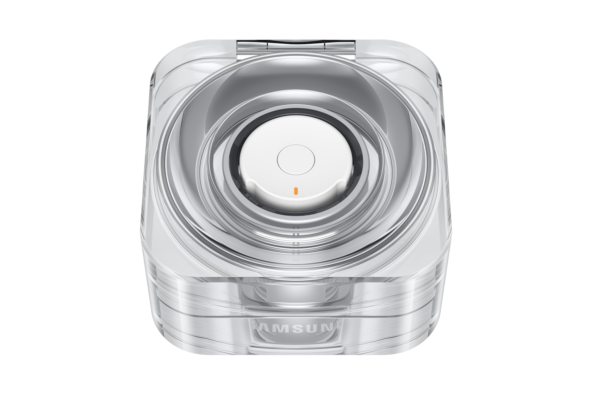 Eine transparente Ohrhörer-Hülle mit weißem Innenraum. Die Hülle ist rechteckig mit abgerundeten Kanten. Das Samsung-Logo ist sichtbar.