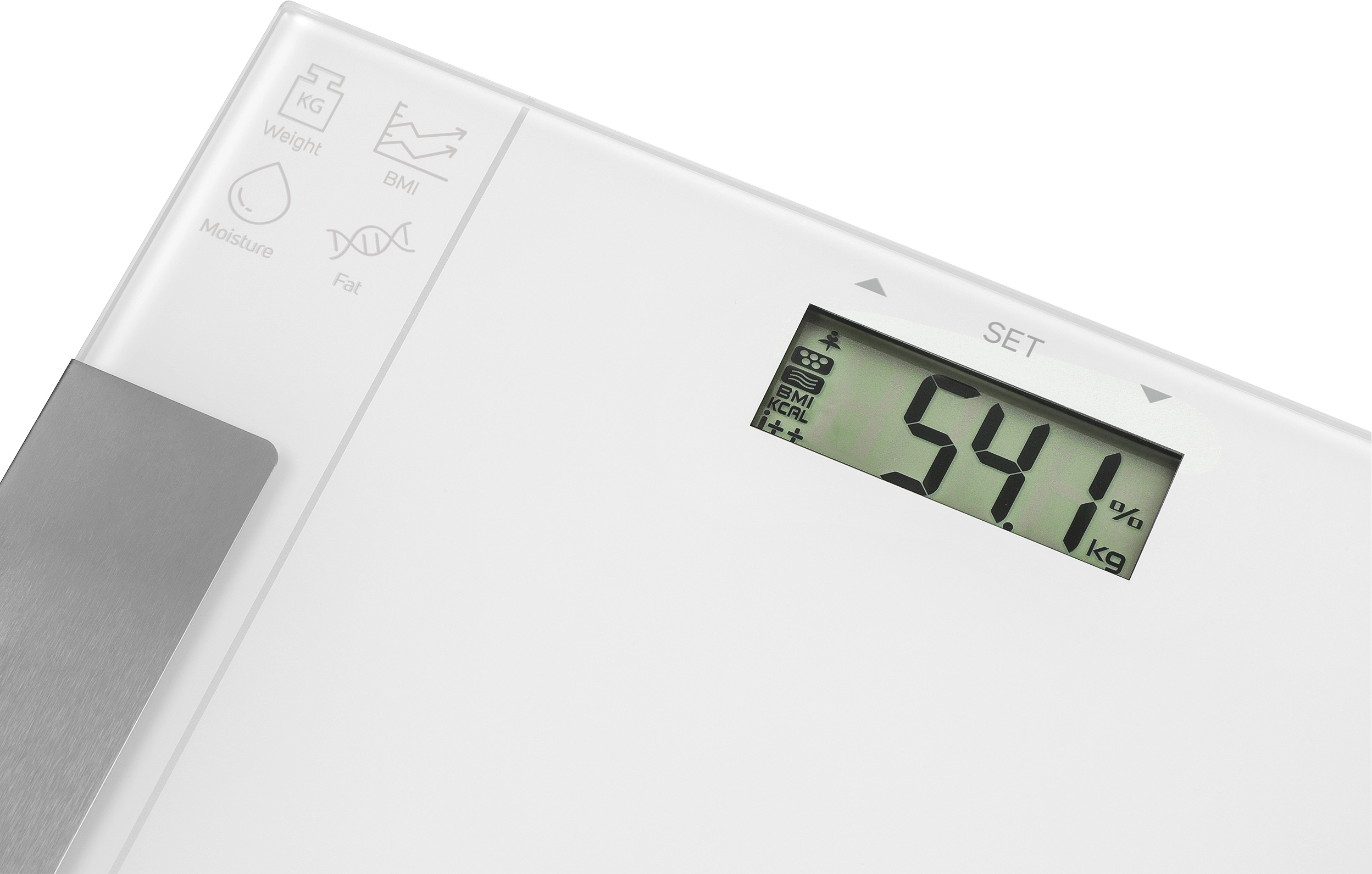 Digitale Waage mit 54,1 kg Anzeige, mit Gewichts-, Feuchtigkeits-, Fett- und BMI-Symbolen.
