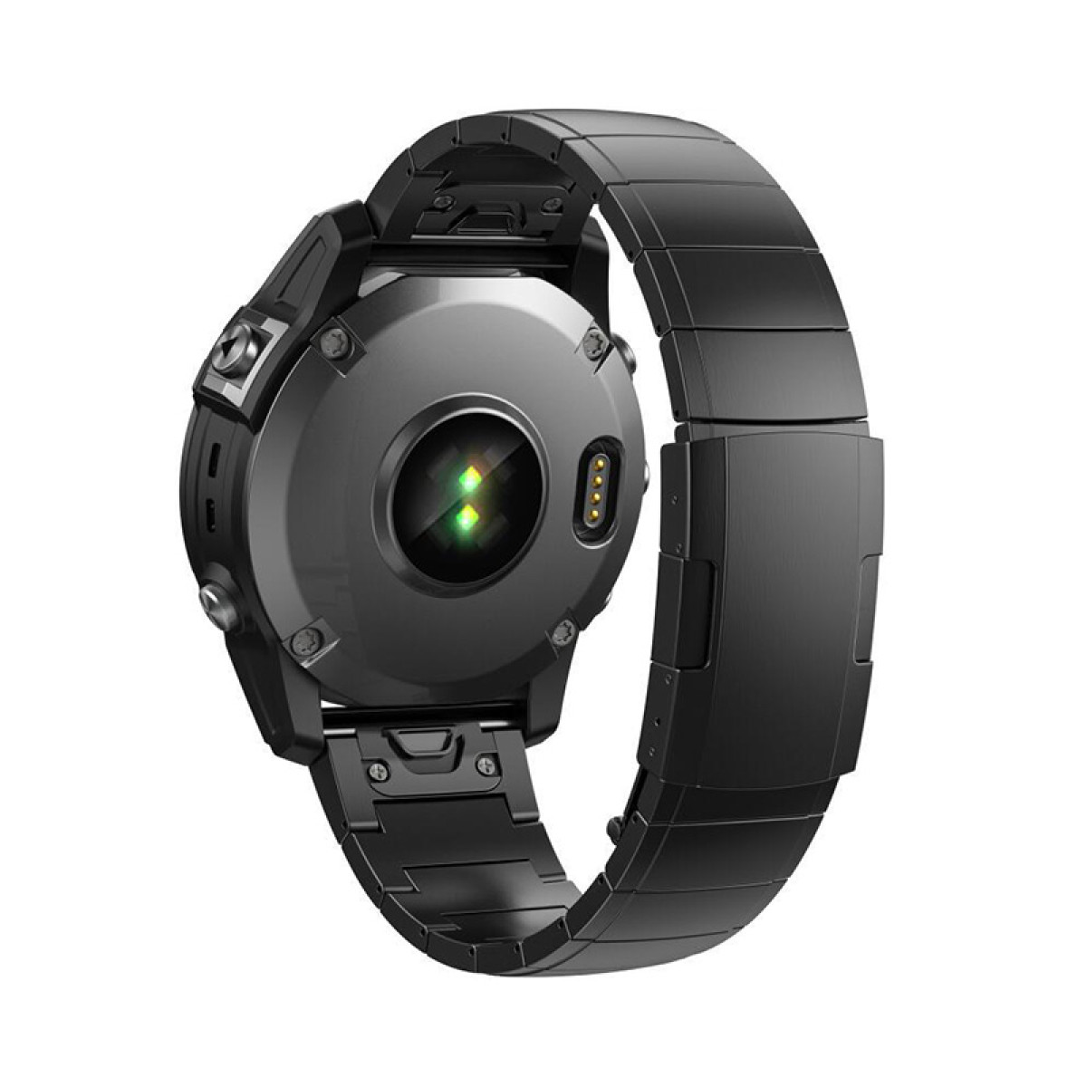 Schwarze Smartwatch mit schwarzem Metallarmband, von hinten gesehen, mit Sensoren.