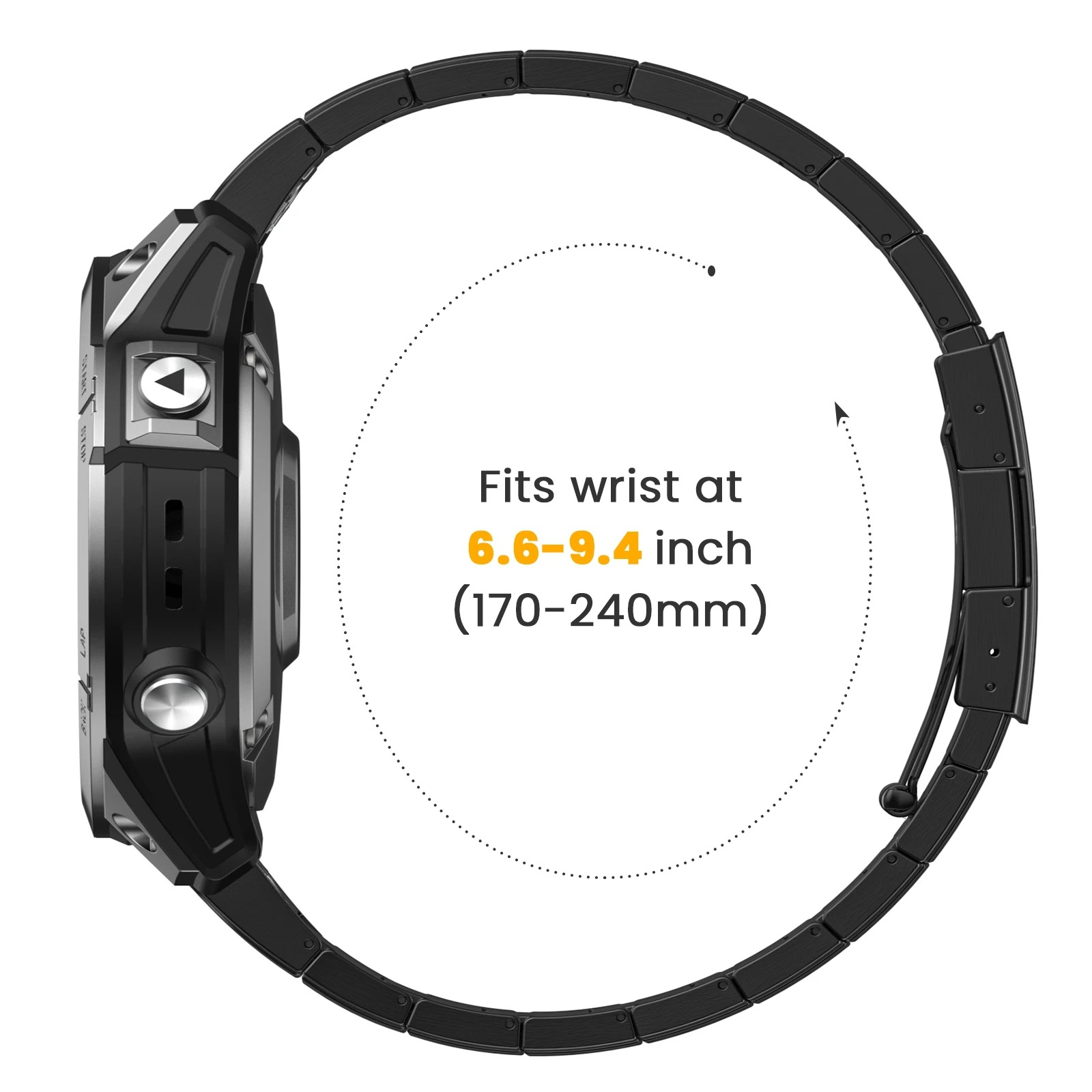 Schwarze Smartwatch mit Metallband, Seitenansicht.