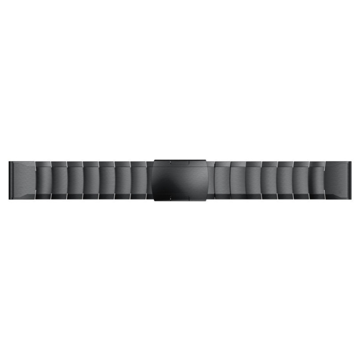 Schwarzes Uhrenarmband aus Metallgliedern mit Magnetverschluss. Es wird vor weißem Hintergrund gezeigt.