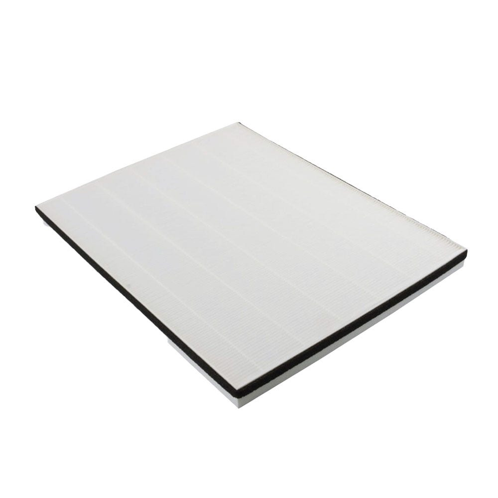 Filtro dell'aria bianco con cornice nera. Il filtro ha un design a pieghe per la purificazione dell'aria.