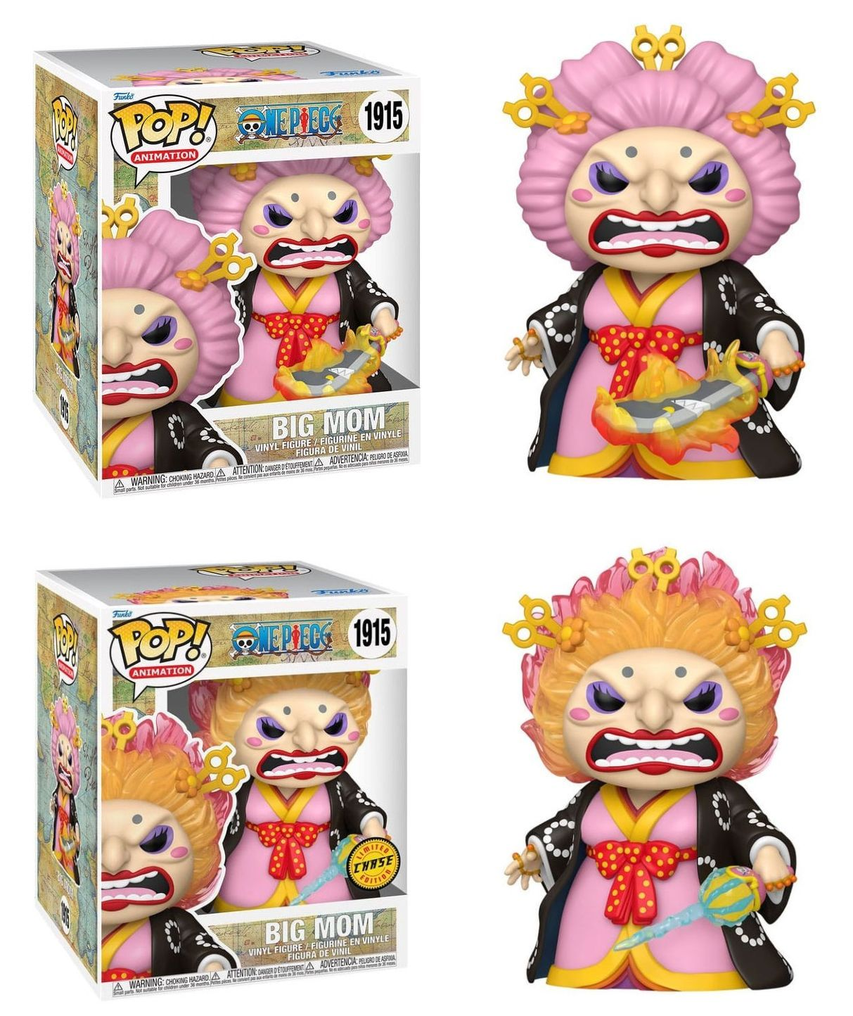 Dwie figurki Big Mom w pudełkach i poza nimi, z różnymi wyrazami twarzy.