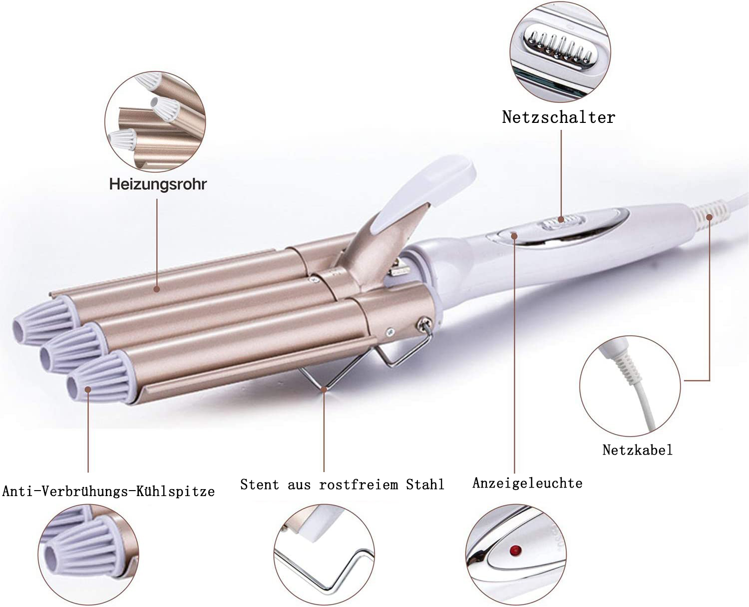 Haar-Crimper mit mehreren Heizröhren. Text auf Deutsch, der Details wie Heizröhren und Netzschalter zeigt.