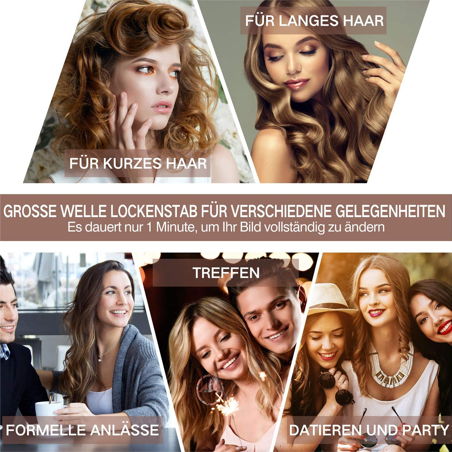 Bild zeigt Haarstyling mit Lockenstab; Szenen für langes und kurzes Haar, Party etc.