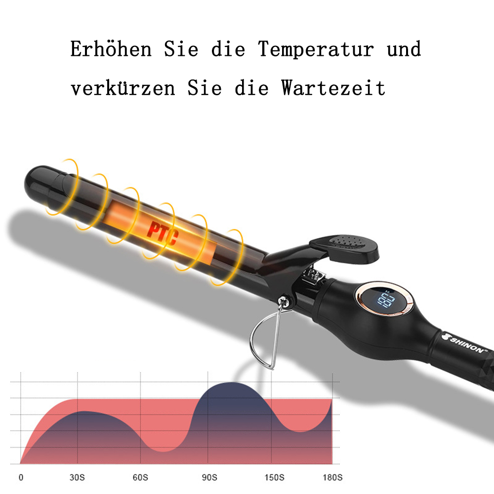 Ein schwarzer Lockenstab mit Digitalanzeige und Wärmegrafik.