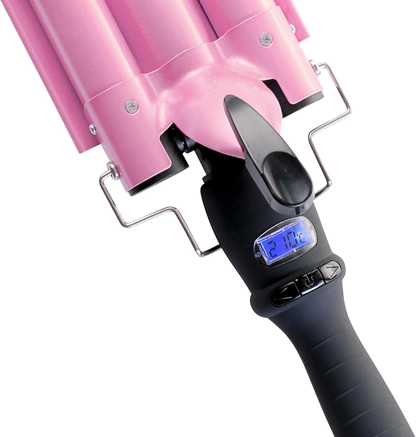 Ein pinkfarbenes Lockenstab mit schwarzem Griff, zeigt eine digitale Temperaturanzeige von 210 °F.