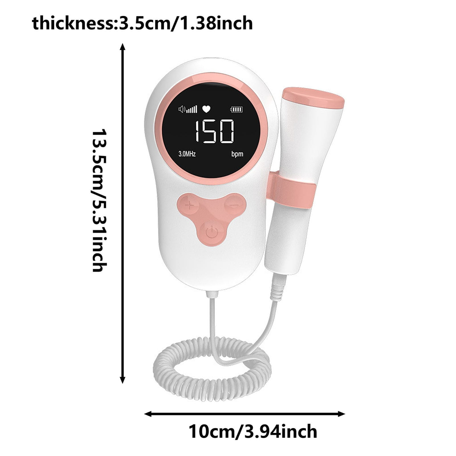 Fetal-Doppler-Gerät mit Anzeige von bpm und Abmessungen. Weiß und Rosa in der Farbe.