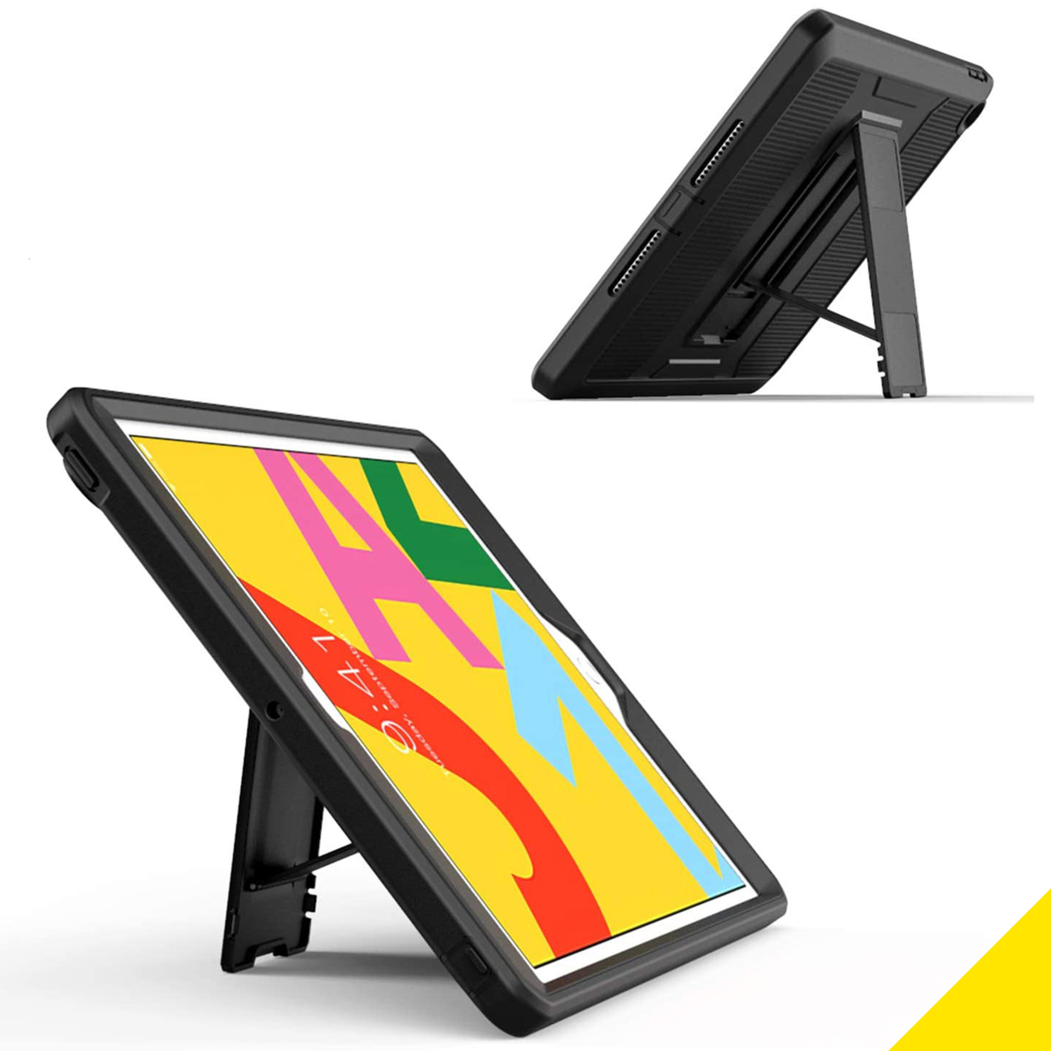 Étui de tablette noir avec support, tenant une tablette affichant une image colorée.