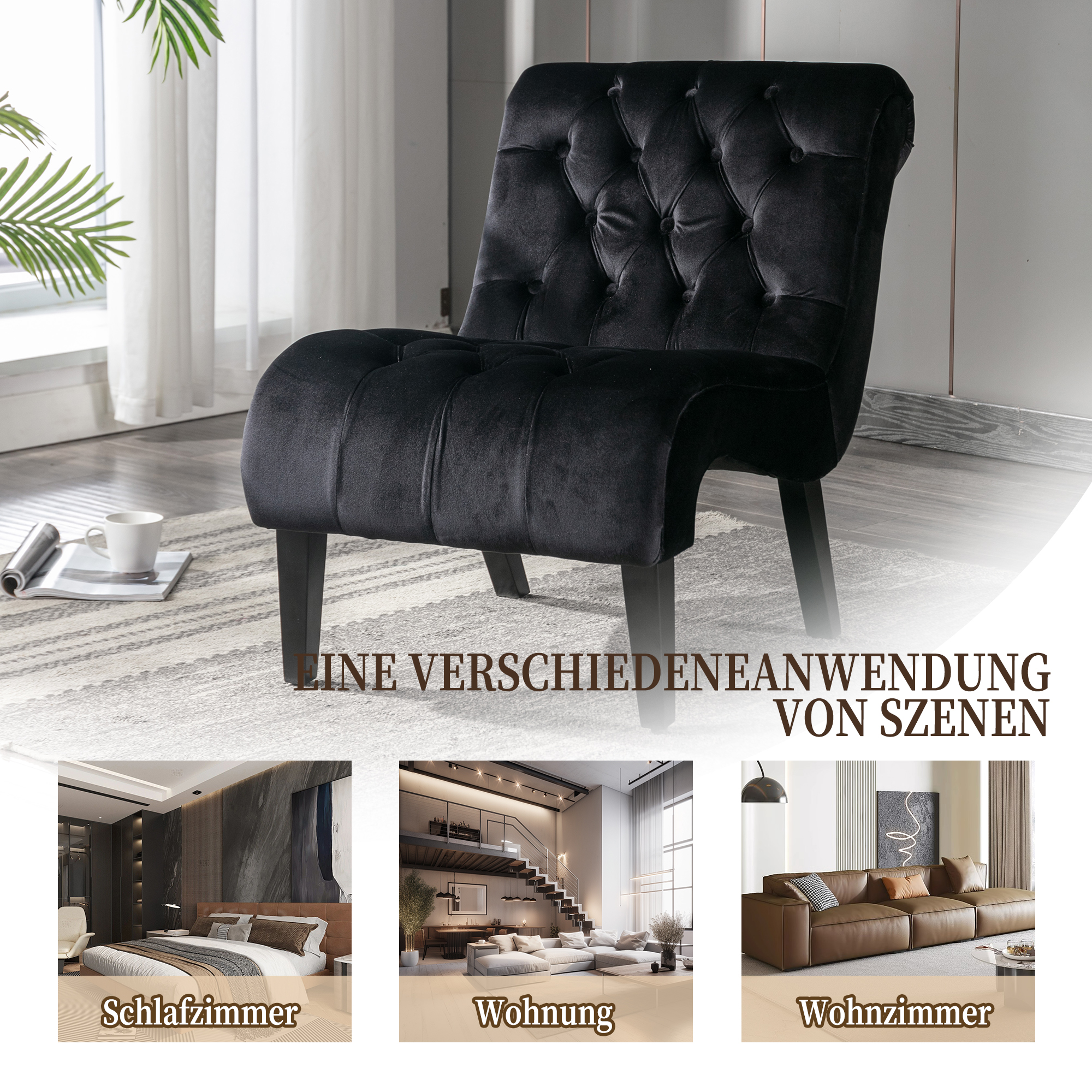 Schwarzer Samtstuhl. Szenen: Schlafzimmer, Wohnung, Wohnzimmer. Text: eine Vielzahl von Szenen.