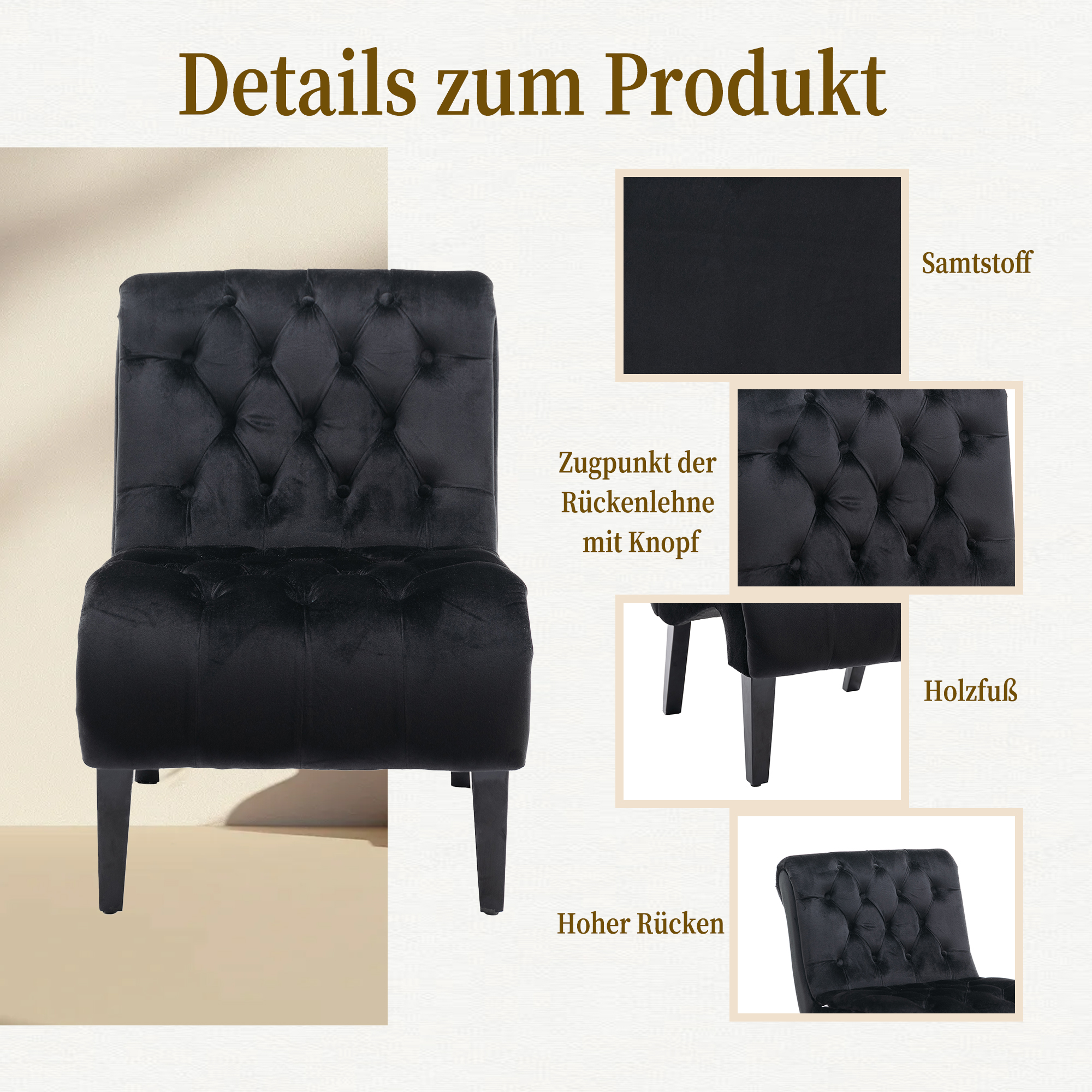 Schwarzer Samtstuhl mit Knopfleiste. Detailbilder zeigen Stoff, Rücken, Beine.