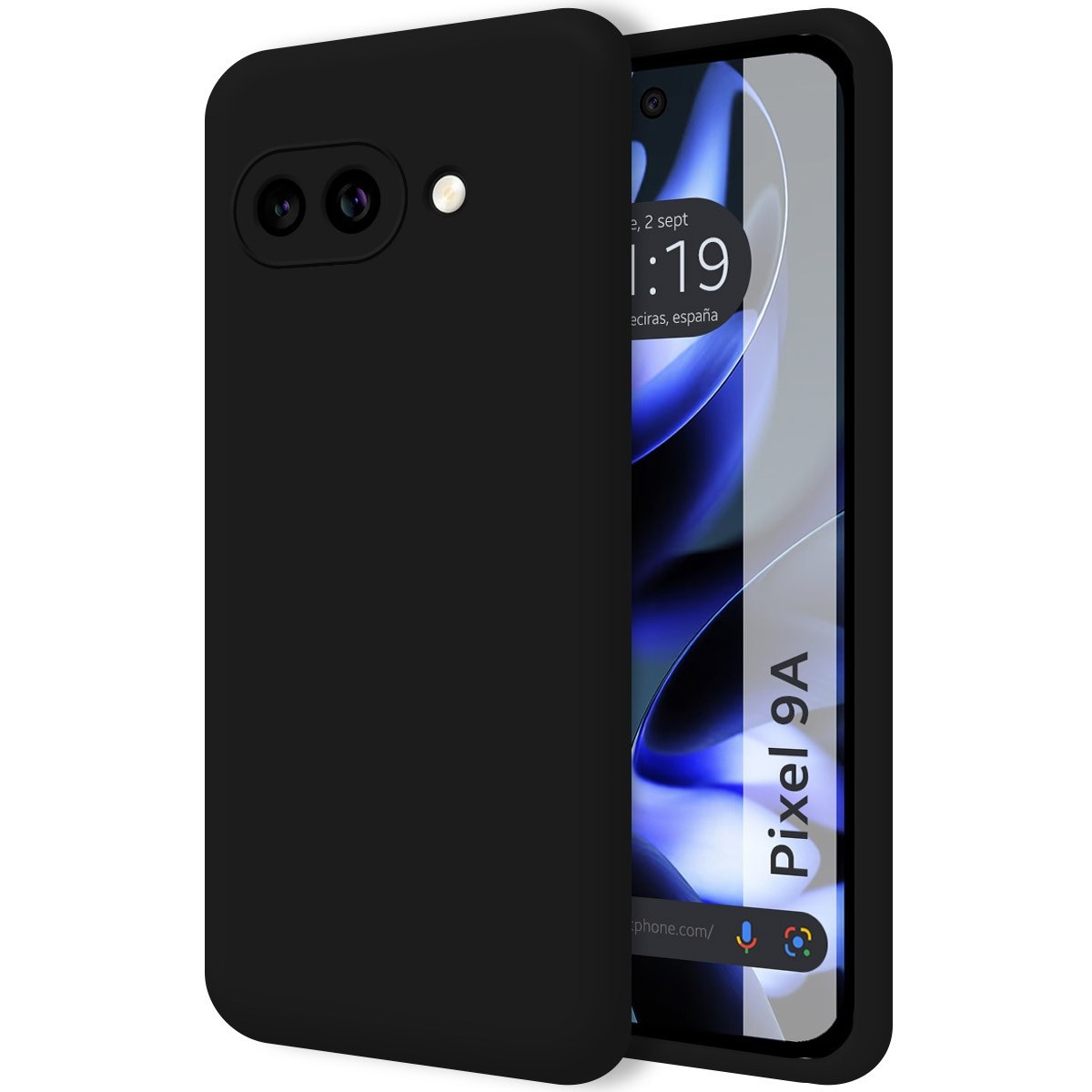 Custodia nera con telefono nero che mostra ora e luogo sullo schermo.