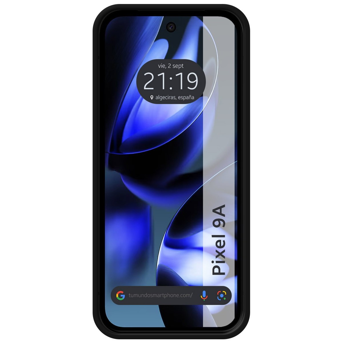Telefono nero con ora 21:19 visualizzata e una protezione schermo bianca.