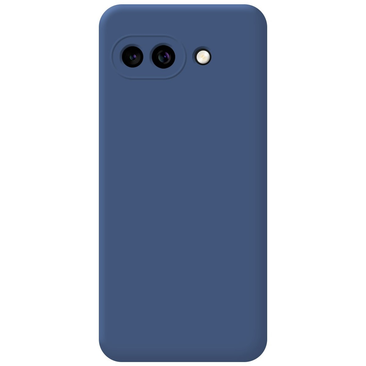 Custodia blu per telefono. Due lenti e un flash visibili sul retro.