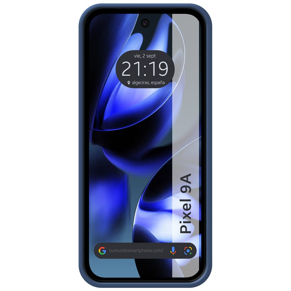 Uno smartphone blu con schermo che mostra l'ora. Ha una fotocamera e una custodia blu.