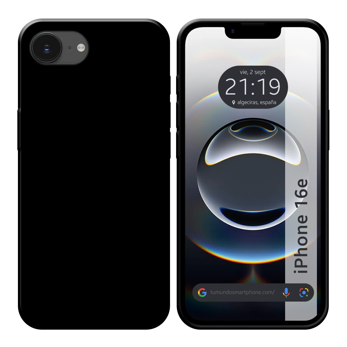 Custodia e telefono neri. Lo schermo mostra ora e data. Il telefono è un iPhone 16e.