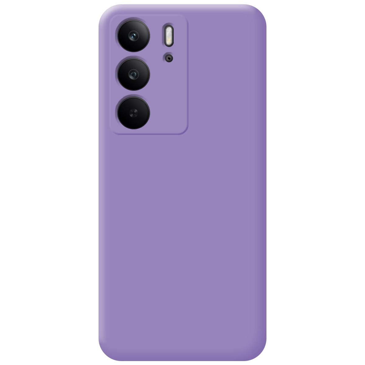 Una custodia per telefono viola con tre obiettivi della fotocamera.
