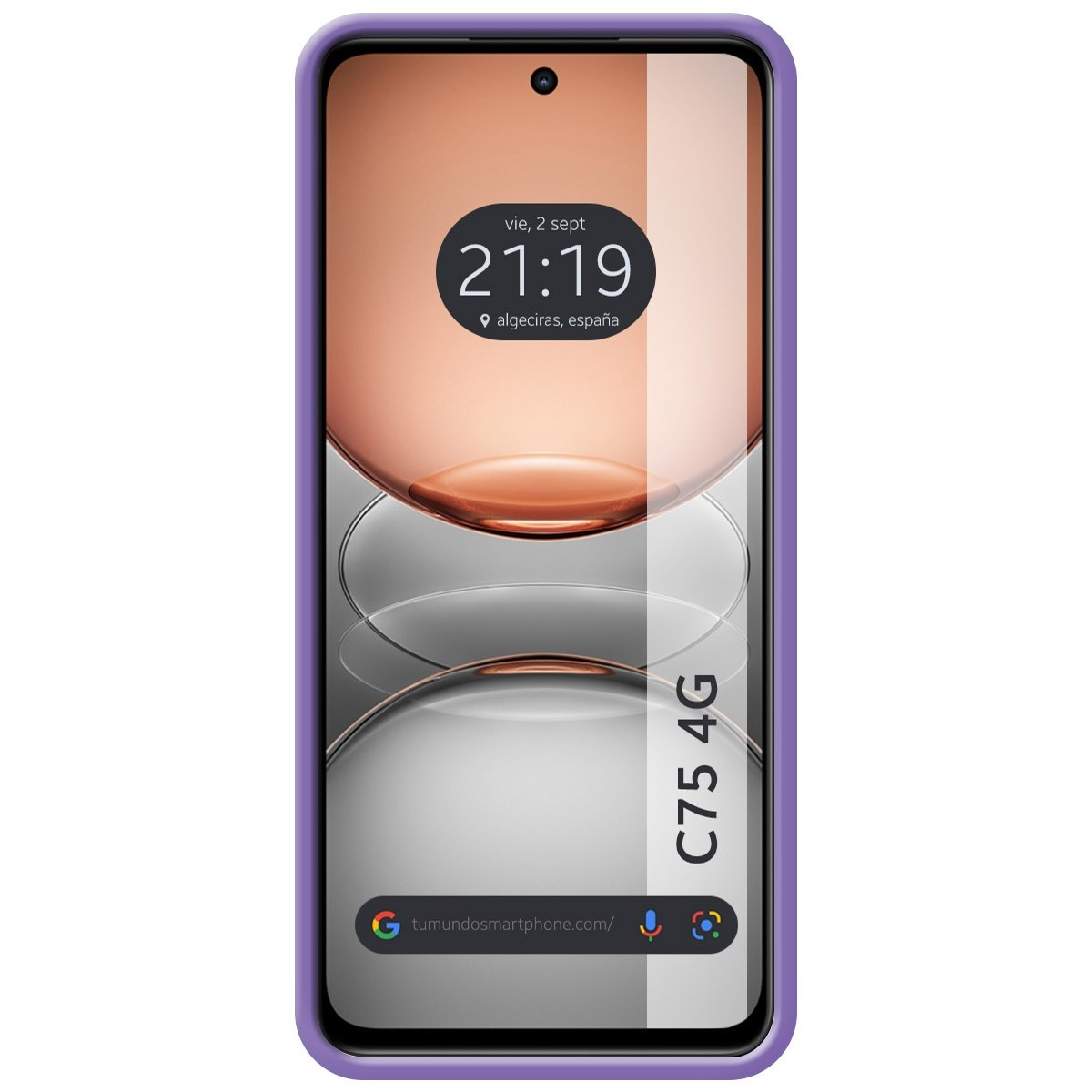 Un telefono con un design colorato e lo schermo che mostra ora e posizione.