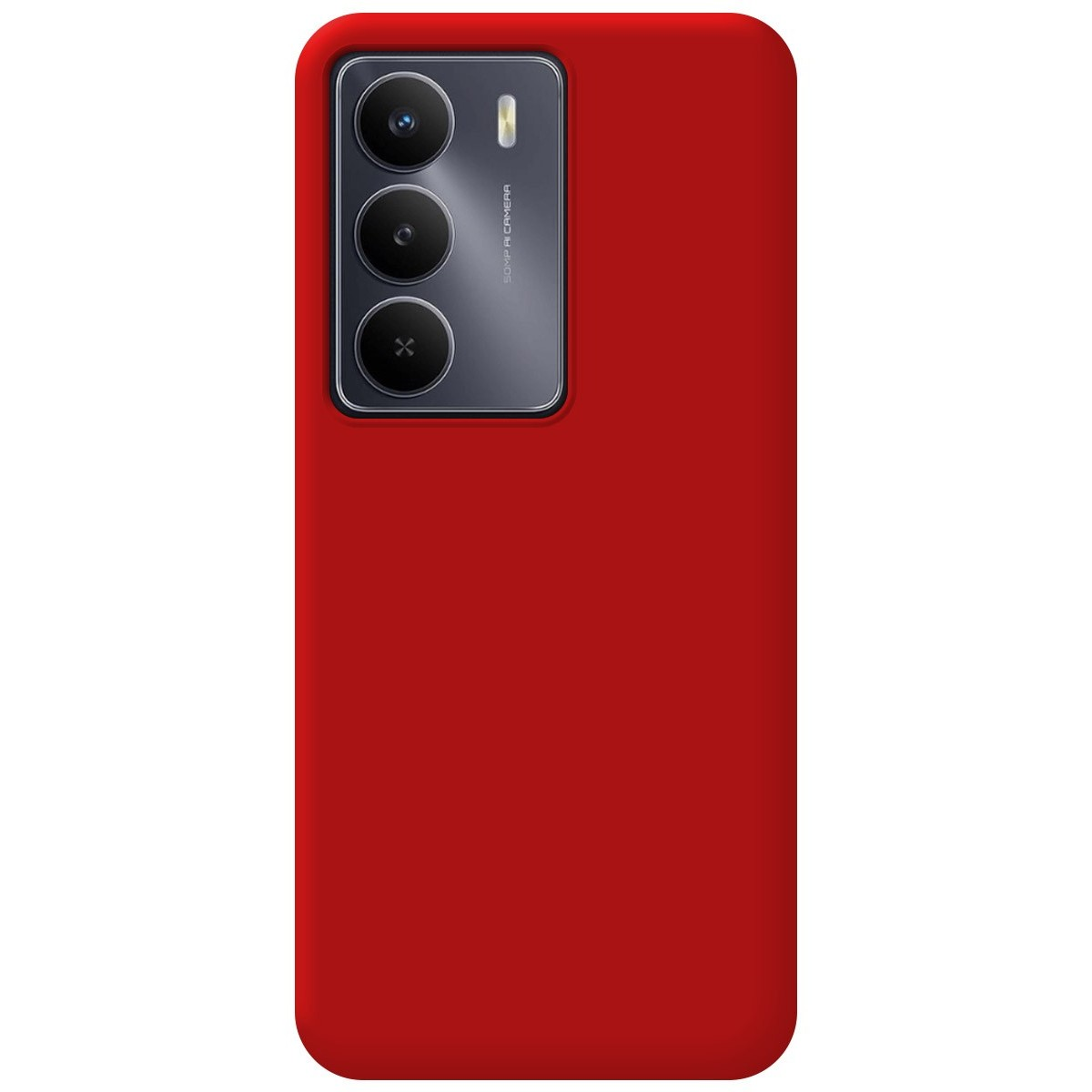 Custodia per telefono rossa con tre obiettivi e un flash.