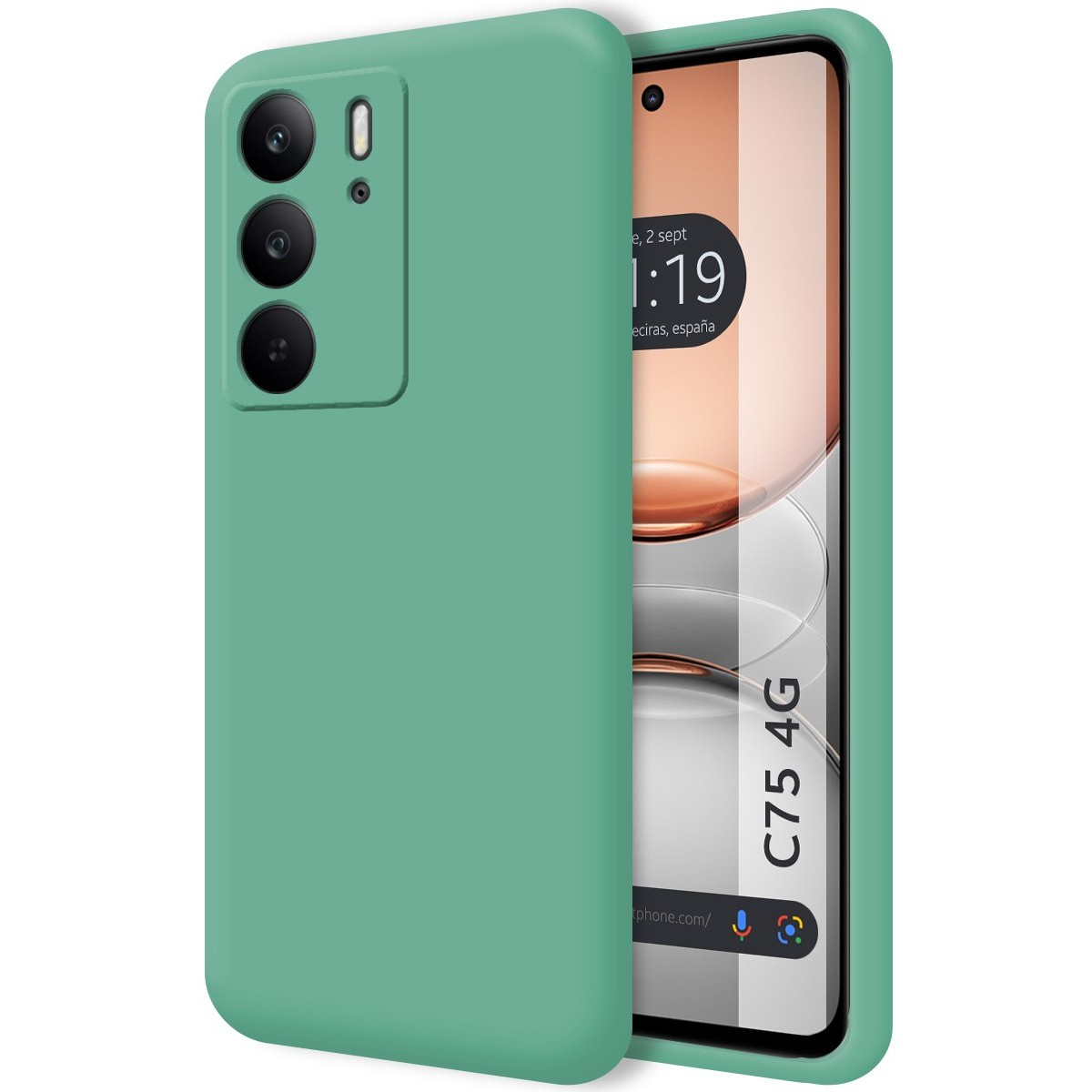 Una custodia per telefono verde e uno schermo con ora e luogo.