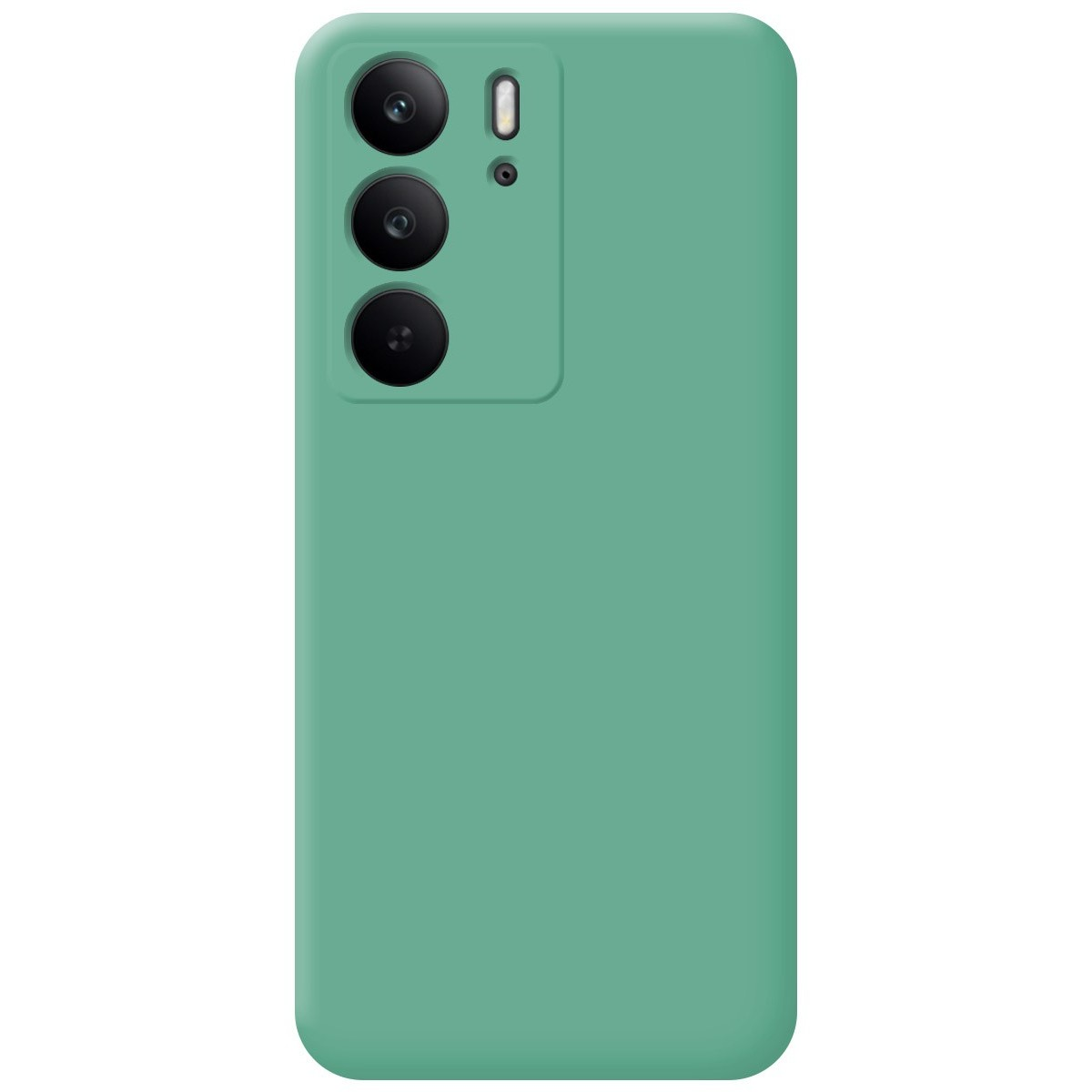 Custodia per telefono verde con lenti a tripla fotocamera. Una custodia verde.