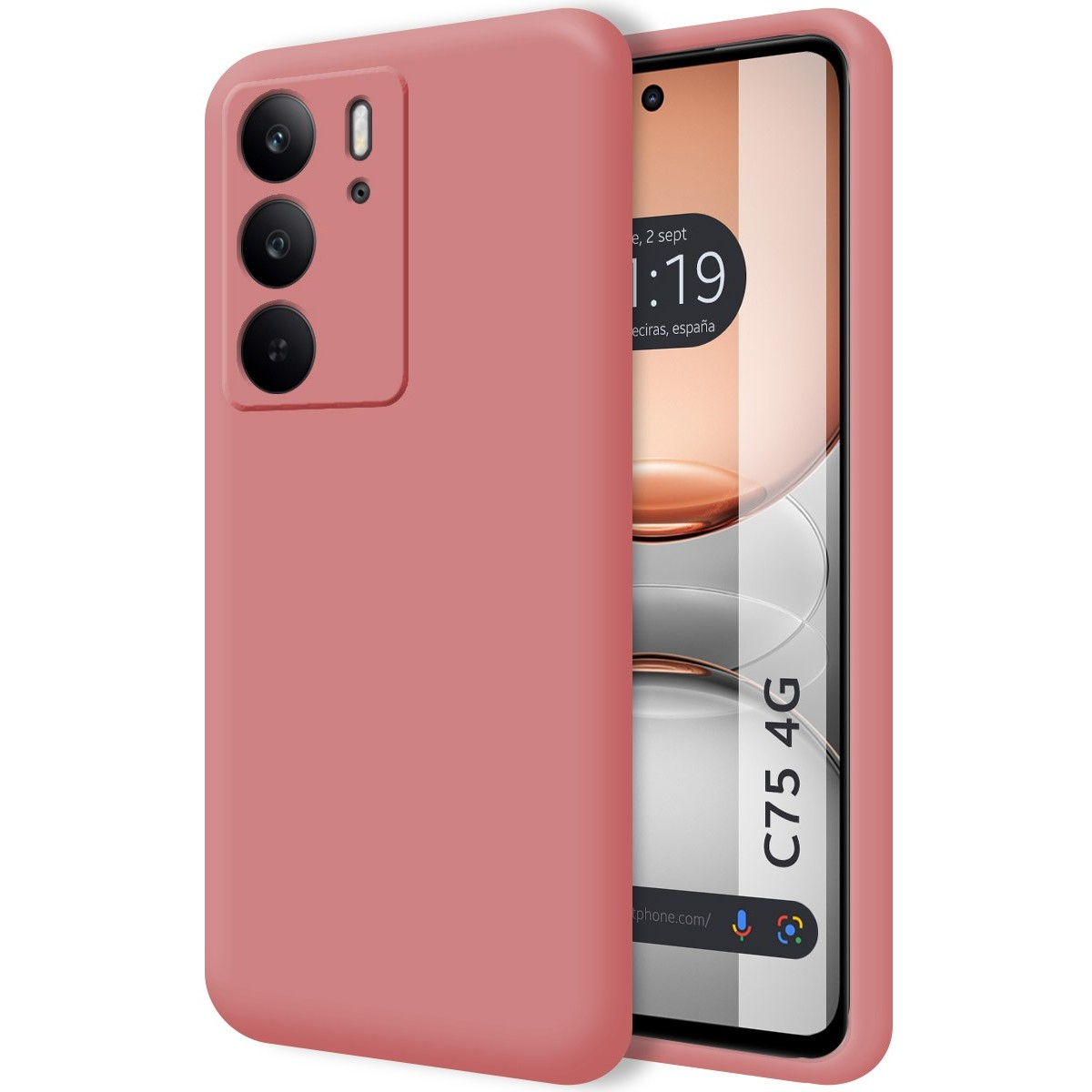 Custodia rosa per telefono su sfondo bianco, con un telefono che mostra ora e data.