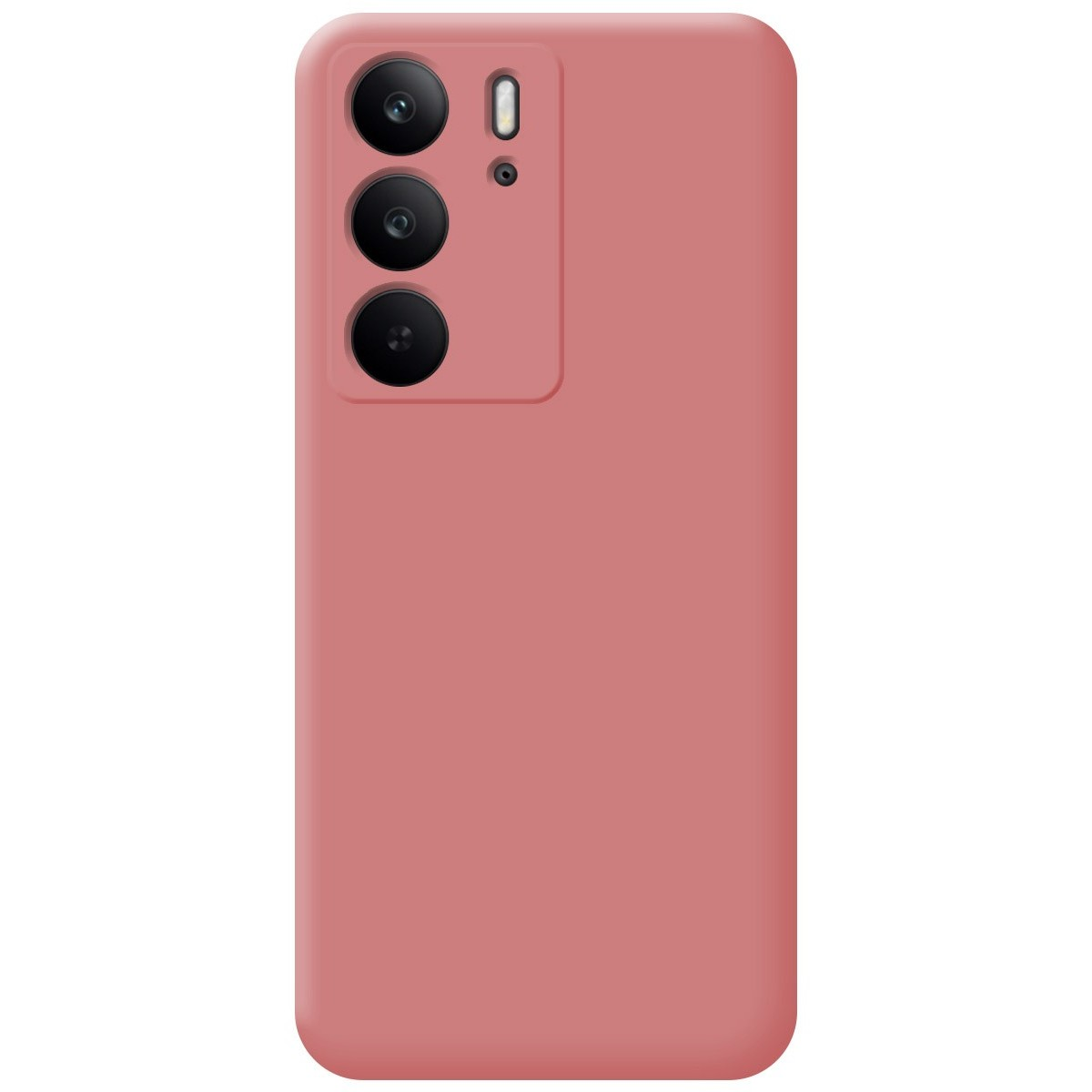 Una custodia rosa semplice con tre lenti della fotocamera, su sfondo bianco.
