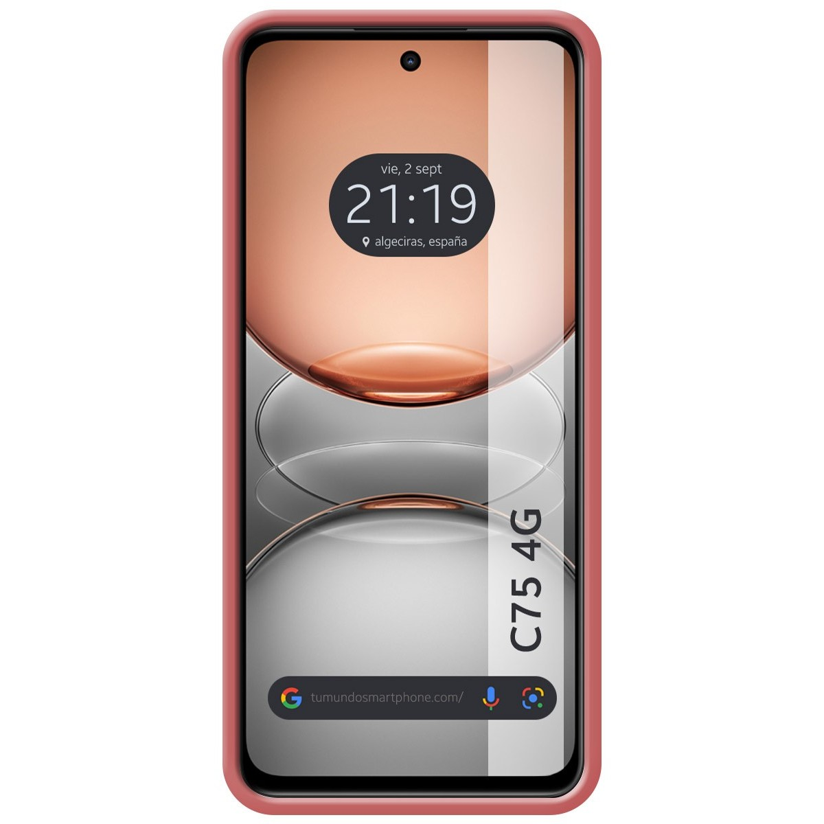 Smartphone con custodia rosa e display che mostra l'ora e la posizione.